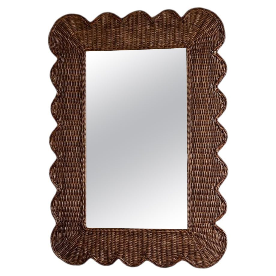 Mimi Rattan Scalloped Mirror, Large Teak For Sale
