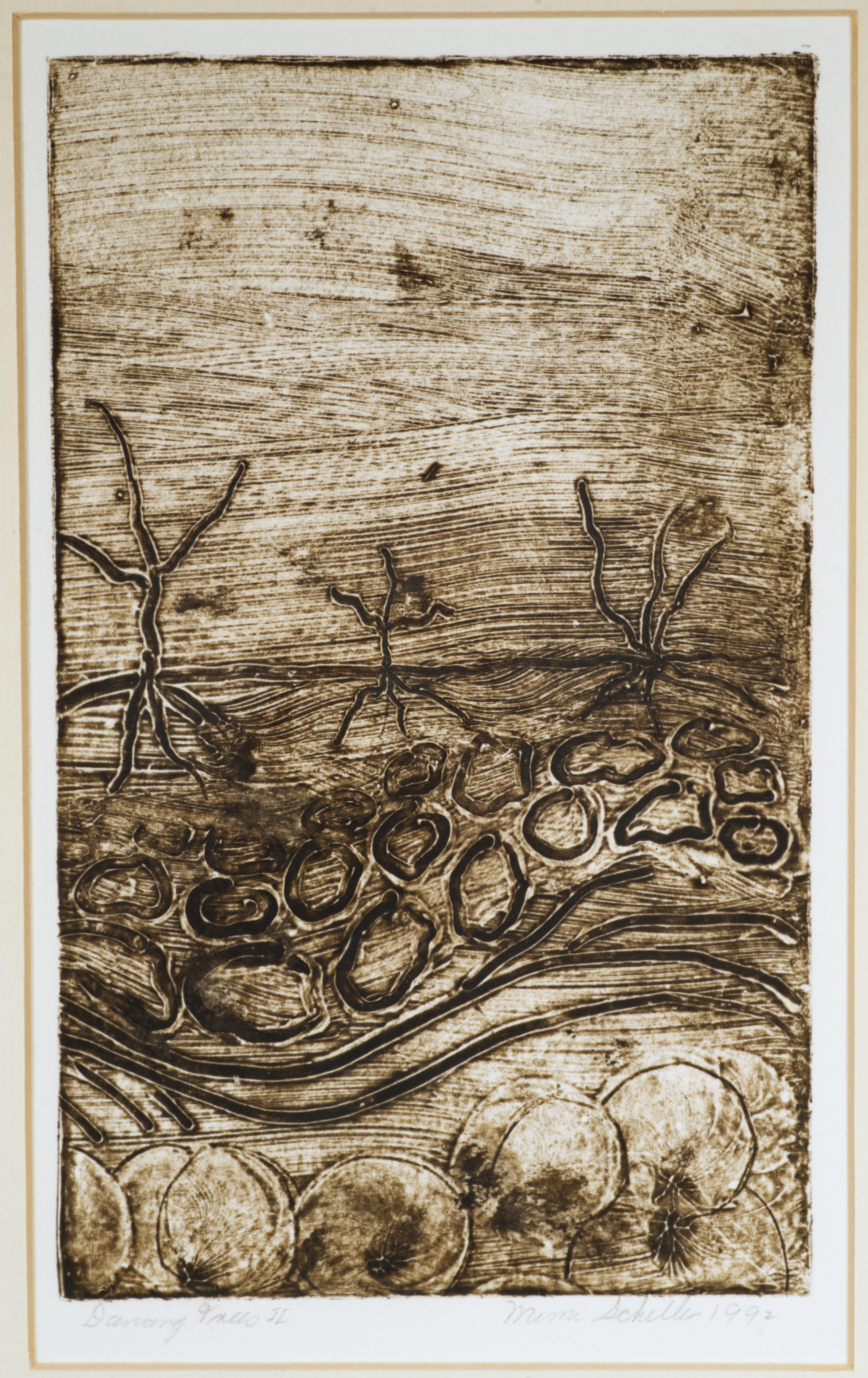  Vintage original artwork features an abstract landscape with silhouettes of three gnarly threes standing on what appears to be either riverbank or a road. Soft, muted palette in shades of espresso and mocha brown and off-white colors showcases the