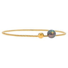Mimi So Freshwater Pearl Bangle Bracelet 7 3/4" - Yellow Gold 18k Dangle Charms