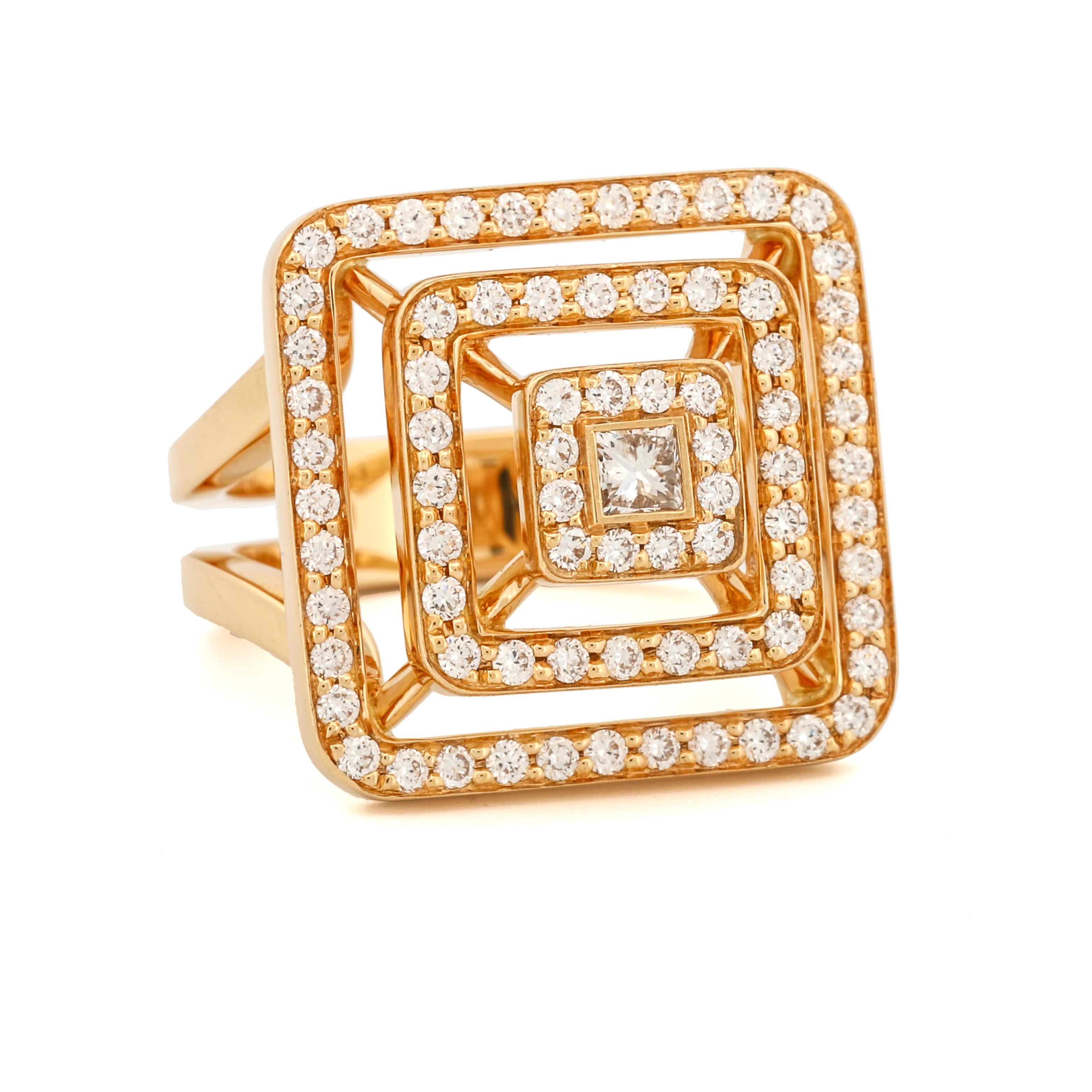 Discover the Piece Pyramid, a captivating three-tiered diamond statement ring meticulously handcrafted in 18-karat gold by renowned designer Mimi So. This extraordinary piece symbolizes life's journey, ascending step by step towards
