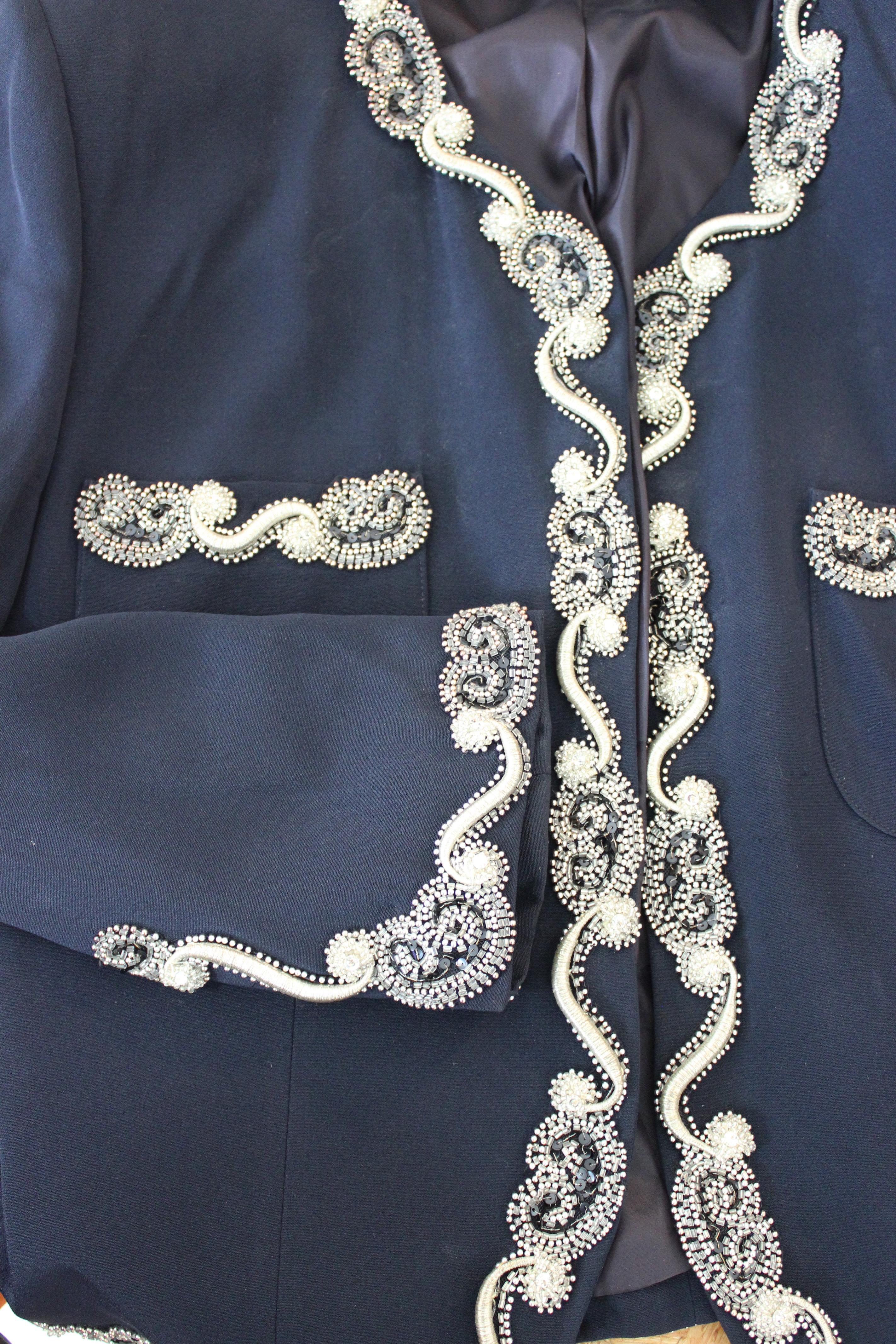 Mimmina Blau Silber Wolle Pailletten Perlen Abend klassische Jacke 1980er 1