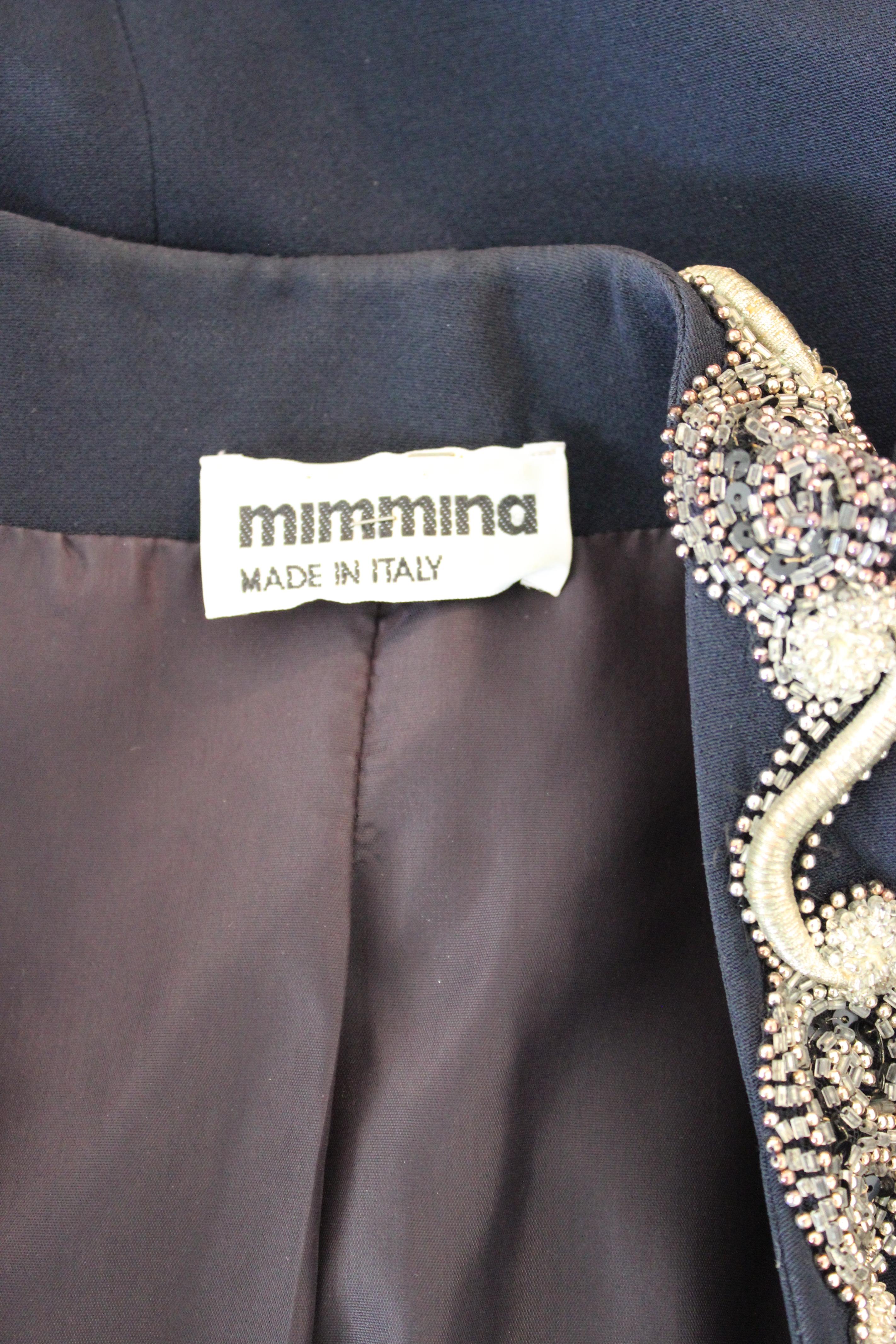 Mimmina Blau Silber Wolle Pailletten Perlen Abend klassische Jacke 1980er 2