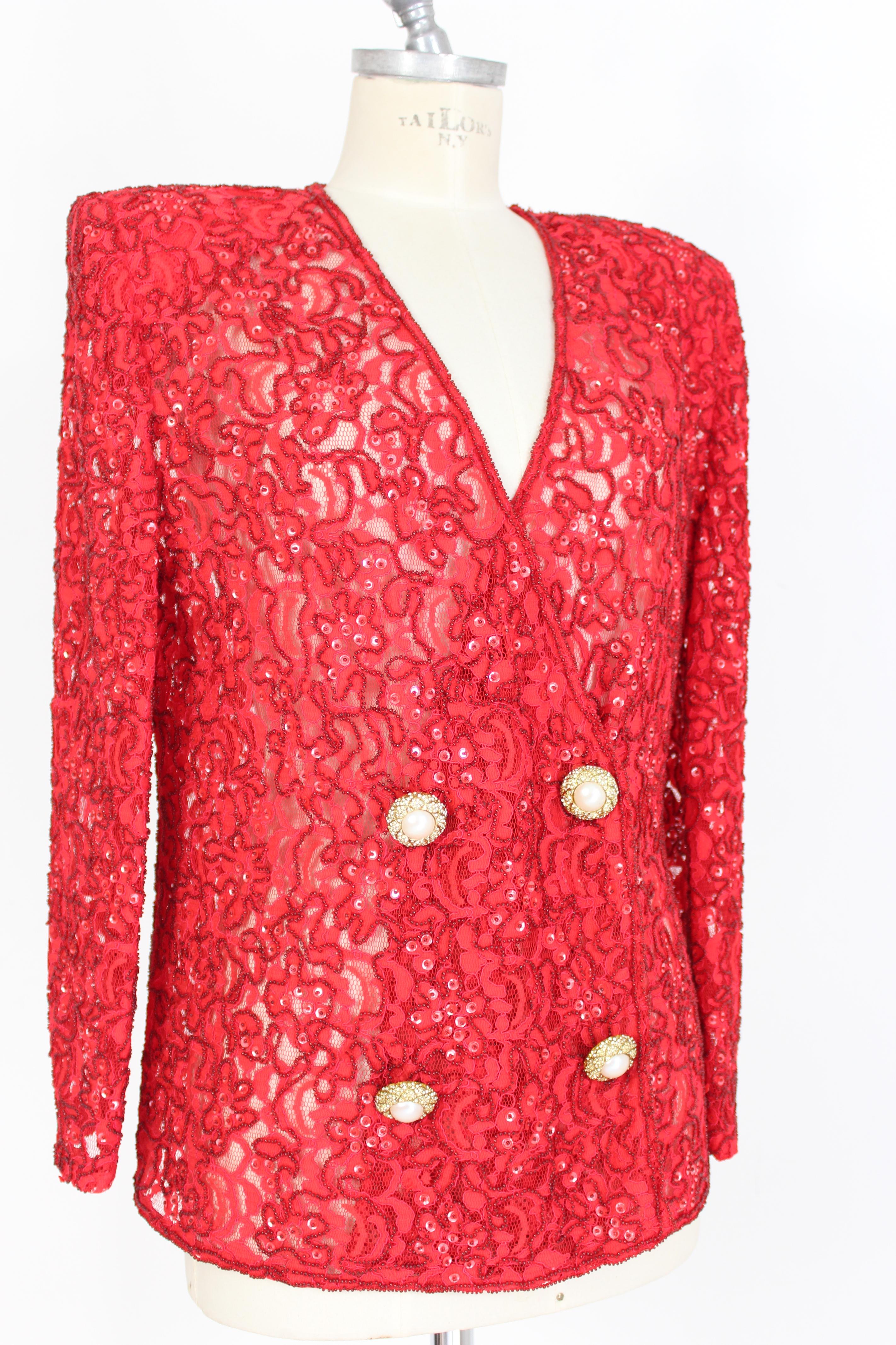 Rouge Mimmina, veste de soirée en dentelle rouge à sequins et perles, années 1980 en vente