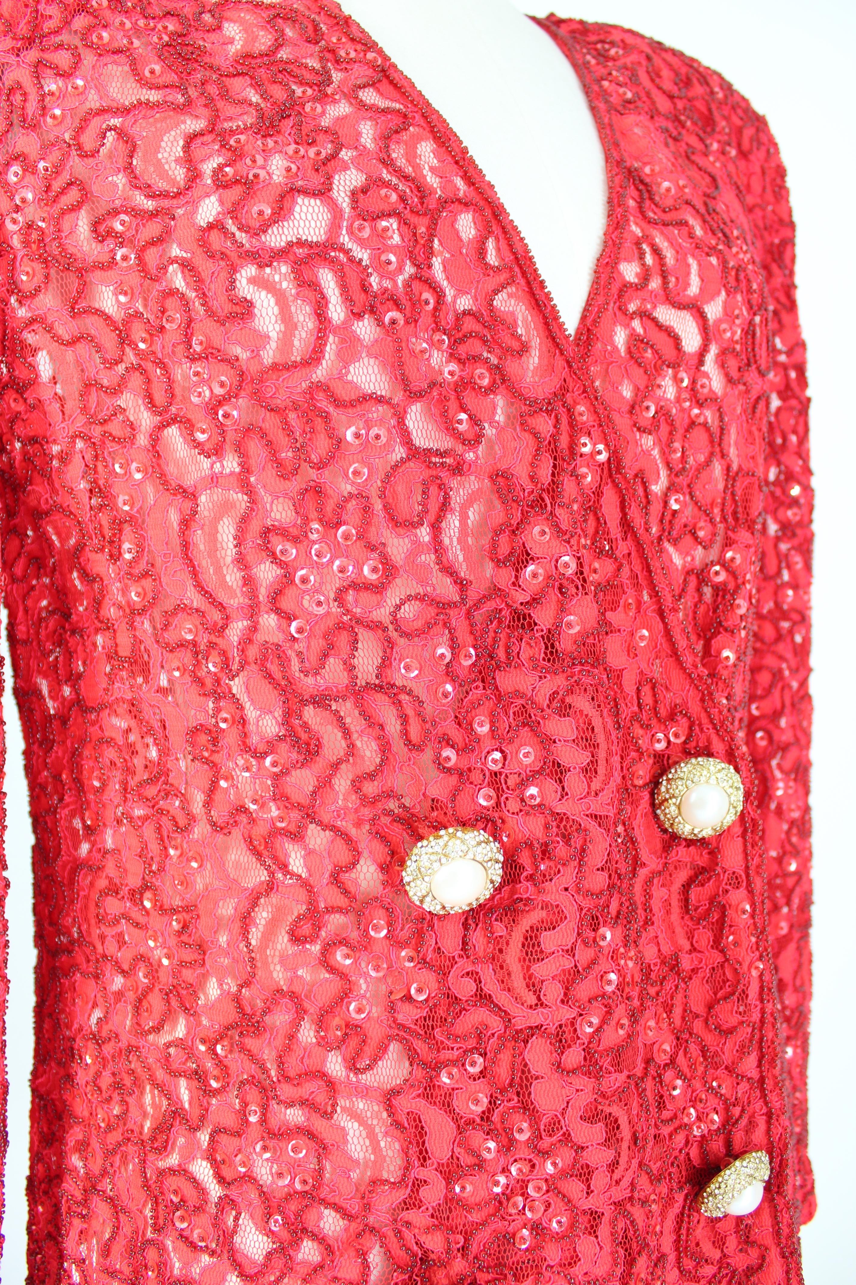 Mimmina Red Lace Sequins Beads Evening Jacket 1980s In Excellent Condition For Sale In Brindisi, Bt