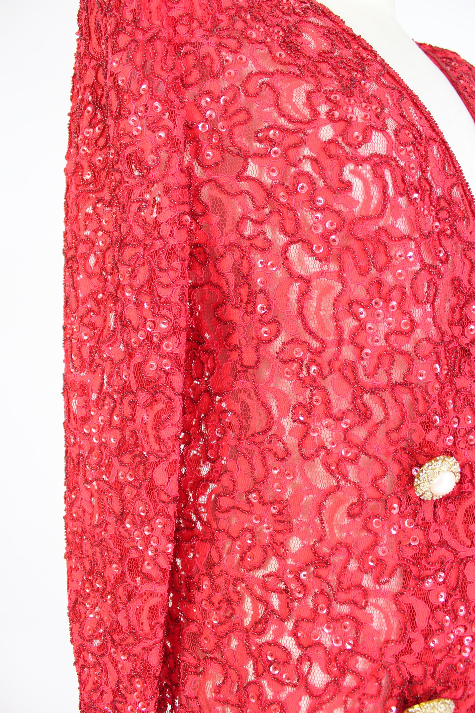 Mimmina, veste de soirée en dentelle rouge à sequins et perles, années 1980 en vente 1