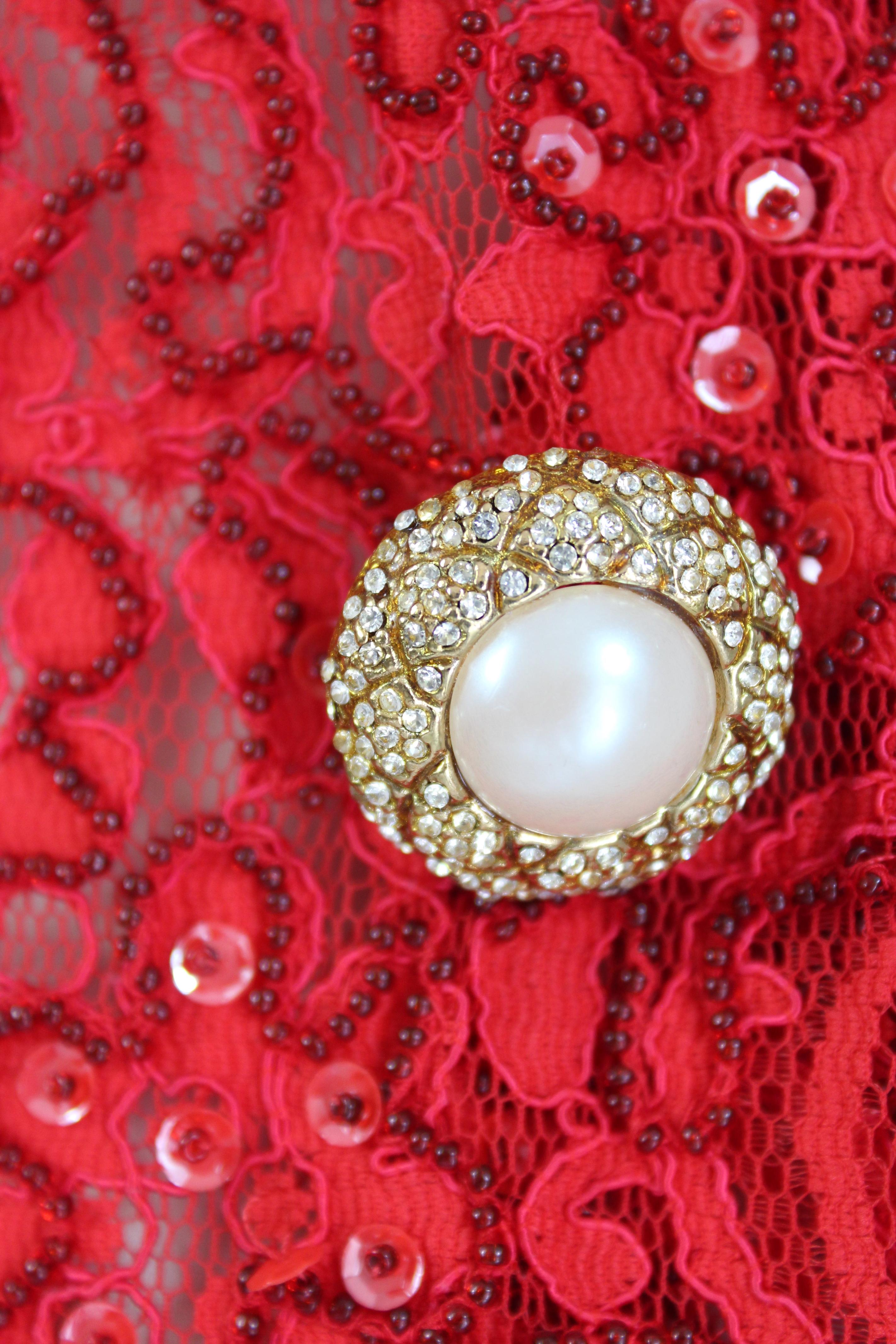 Mimmina, veste de soirée en dentelle rouge à sequins et perles, années 1980 en vente 2