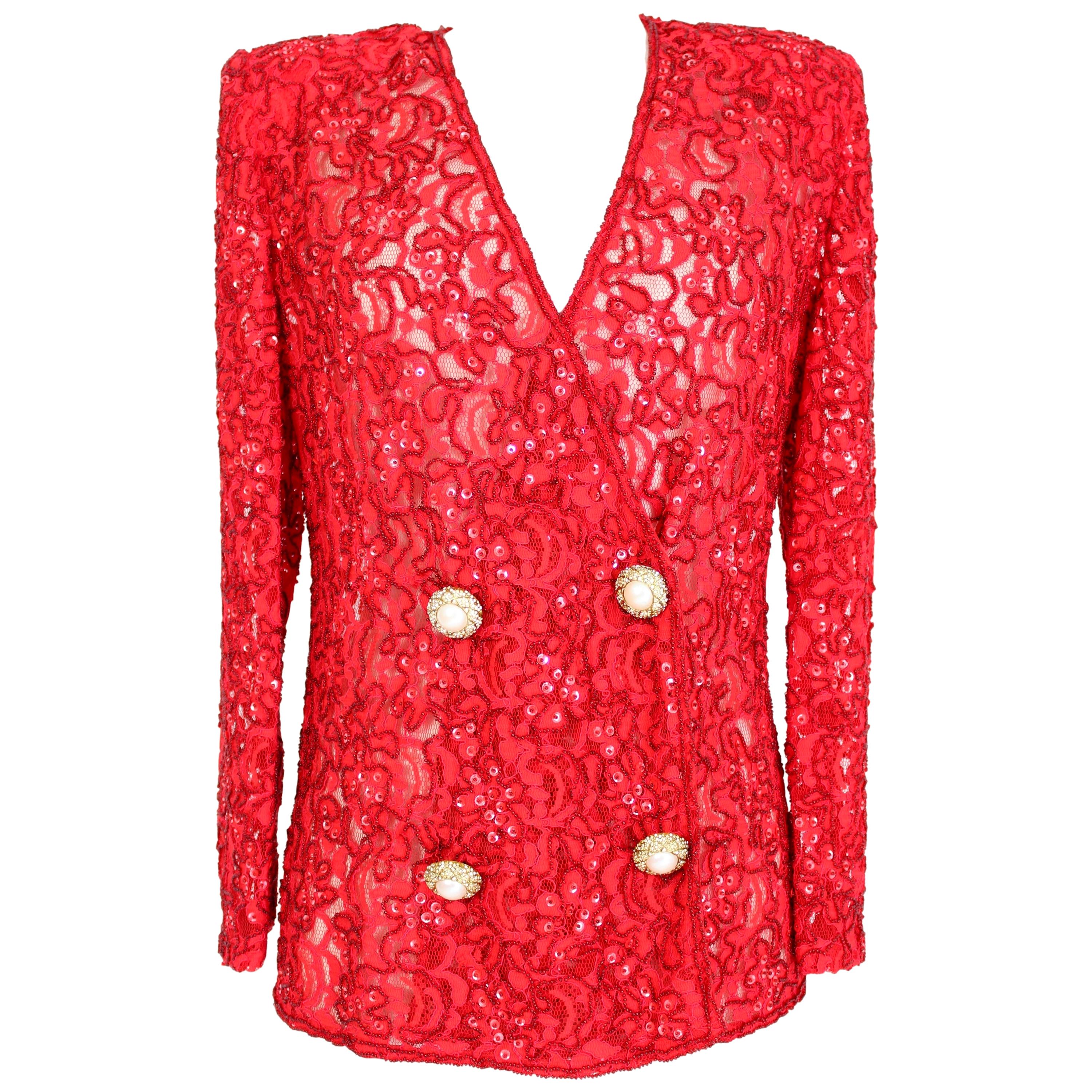 Mimmina Red Lace Sequins Beads Evening Jacket 1980s
