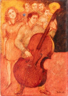 Cellos et basses - Peinture à l'huile de Mimmo Andriuoli - années 1990