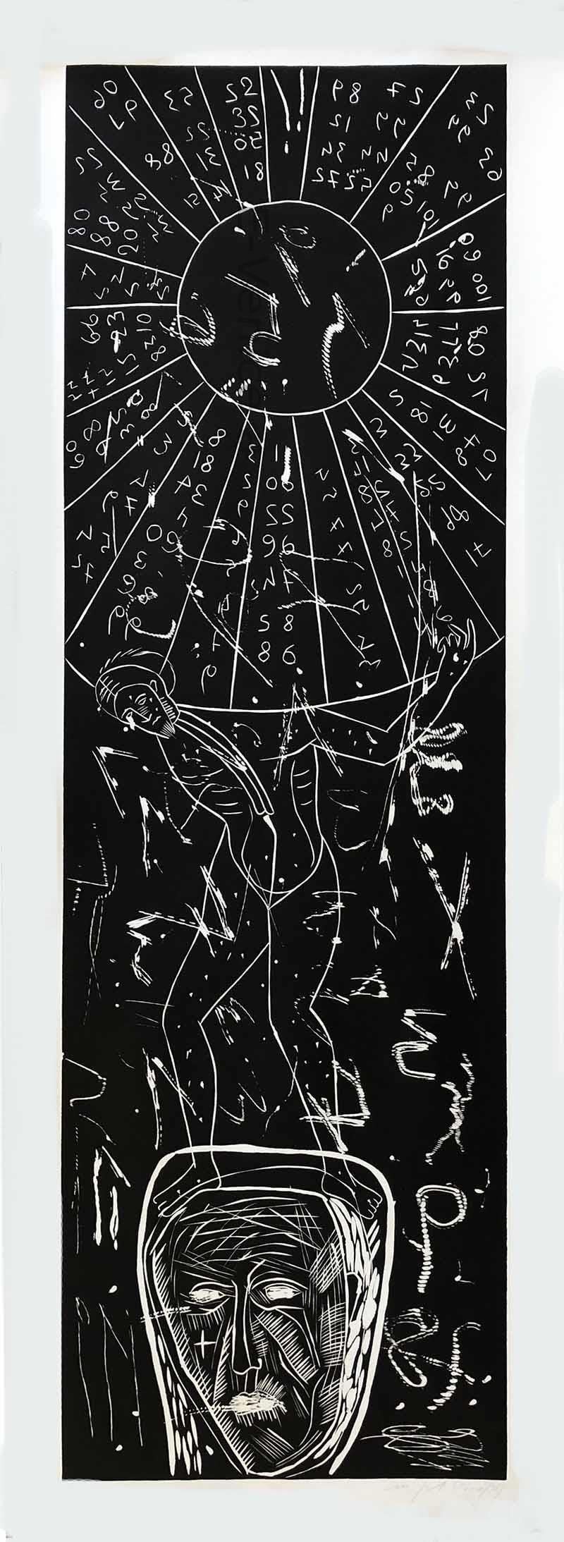 
Mimmo Paladino
Atlantico
Linocut, 1987, firmato a mano, datato e numerato 12/27 a matita.   
Mezzo di comunicazione: Collagraph e linoleum cut
Il foglio misura 82 x 29 1/2" pollici
Carta Parole Torchon
Pubblicato da Waddington Graphics,