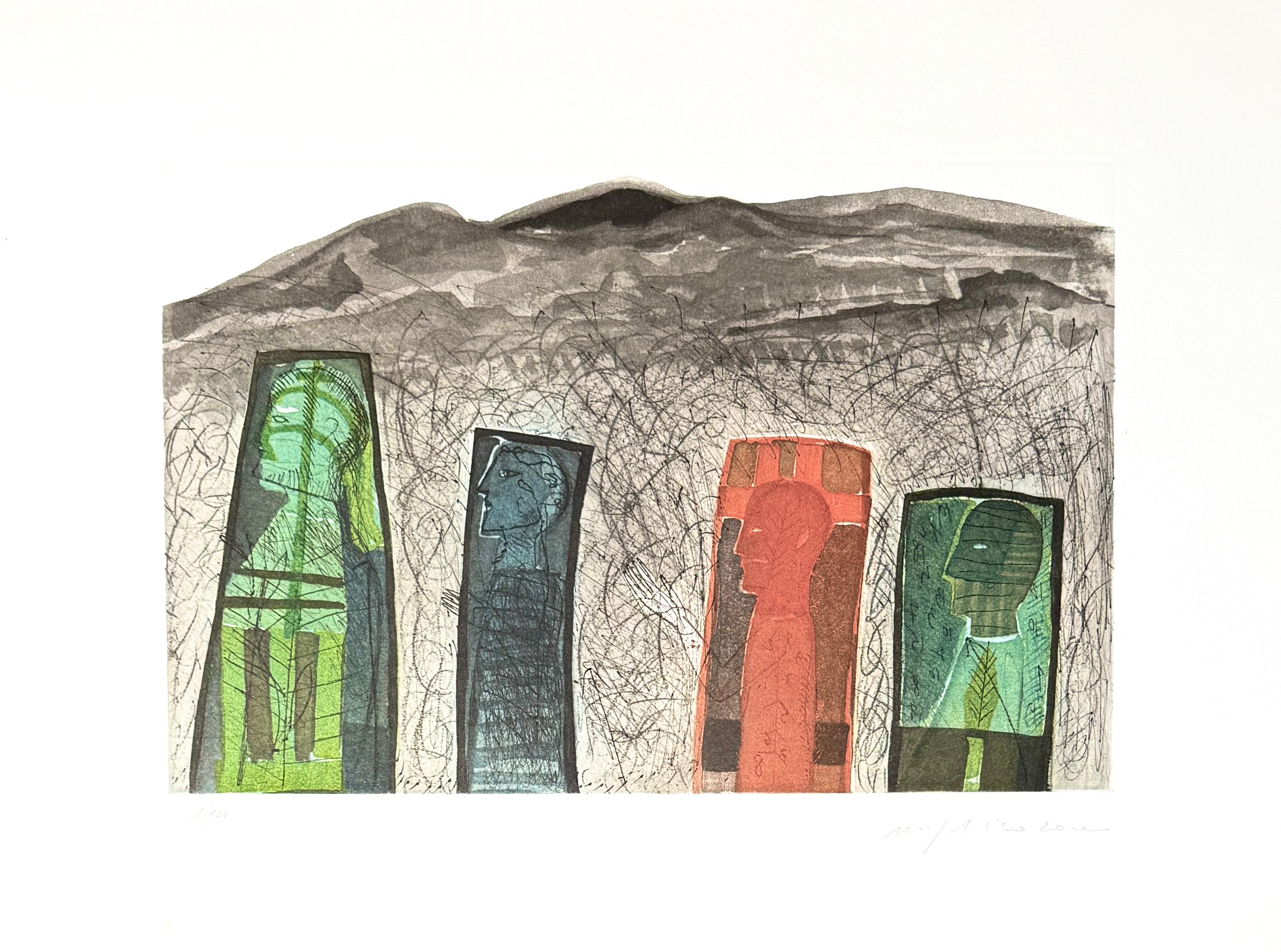 Colour etching on paper, edited in 2000.
Limited edition of 100 copies, numbered as 1/100 in lower left corner.
Hand-signed in pencil by artists in lower right corner.

Paper size: 61 x 81 cm
Very good conditions.

Bibliography: Paladino - Opera