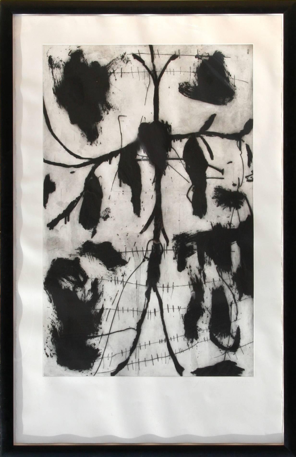 A set of three monumental etchings by Italian contemporary artist, Mimmo Paladino.  Each nicely framed in black. 

Artist: Mimmo Paladino 
Title:	Sirene, Vespero and Poeta Occidentale
Year: 1995
Medium: Suite of three Etchings, Dry-Point, Aquatint,