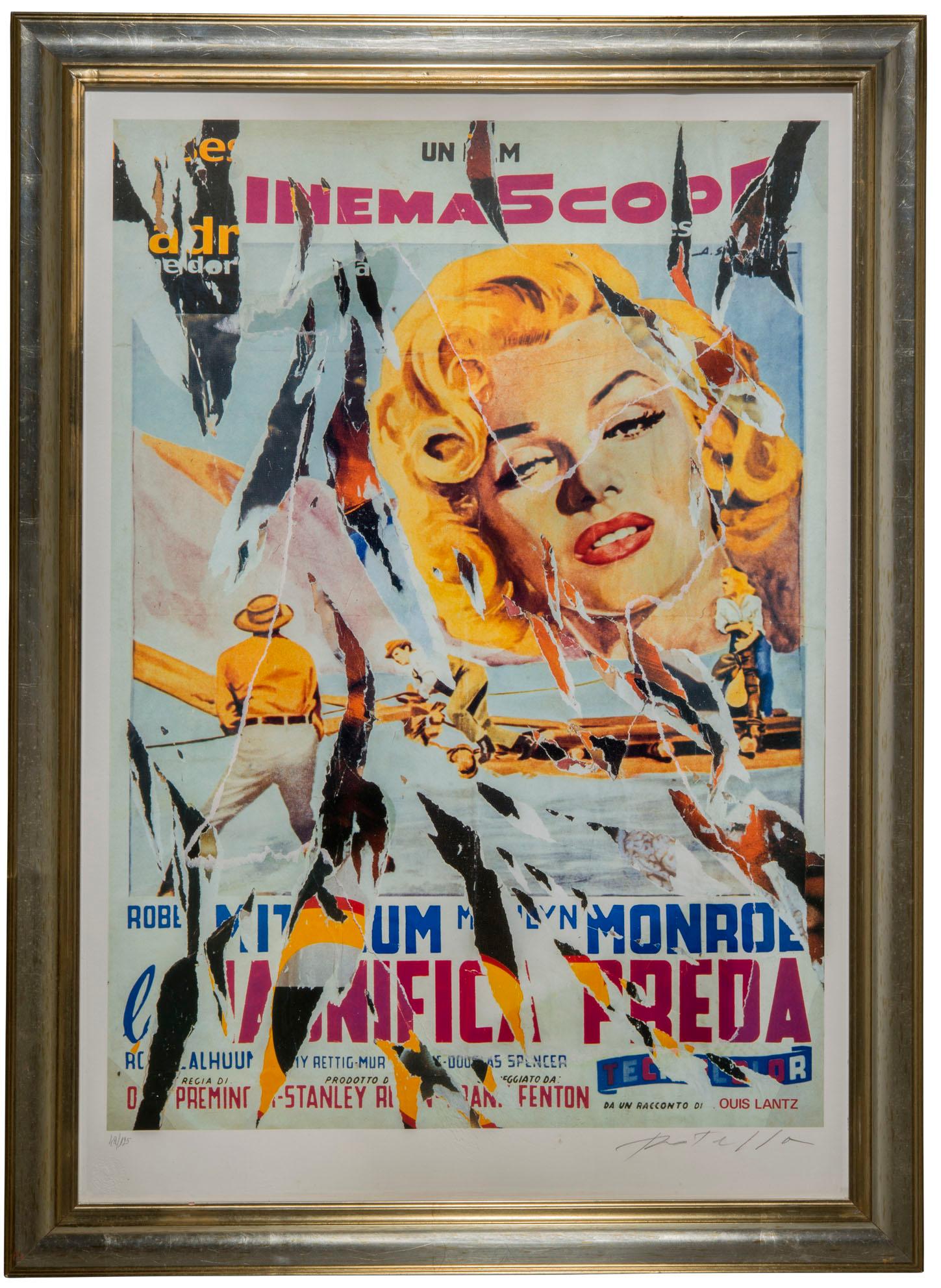 Mimmo Rotella silkscreen printing
Title “Marilyn The magnificent prey”
Mimmo Rotella silkscreen print taken from the poster of the film 