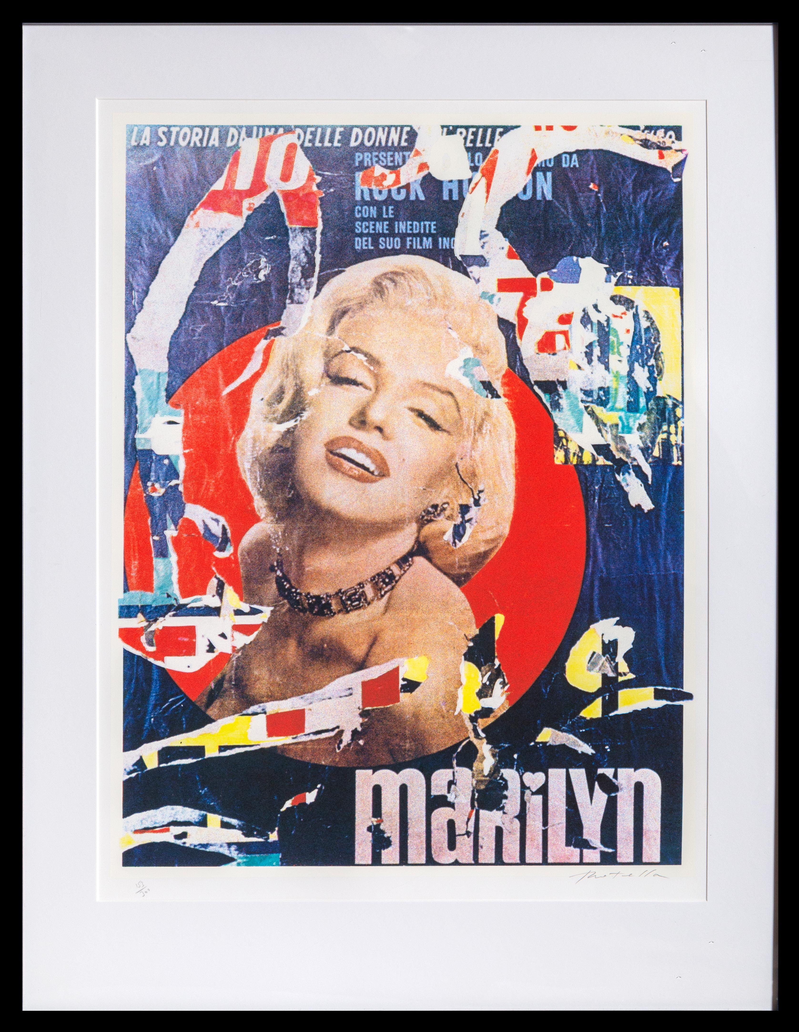 Une sérigraphie originale de l'artiste pop italien Mimmo Rotella représentant la belle Marilyn Monroe.  Il est signé à la main et numéroté au crayon, et fait partie d'une édition de 300 exemplaires.  Le tirage est dans un excellent cadre en bois