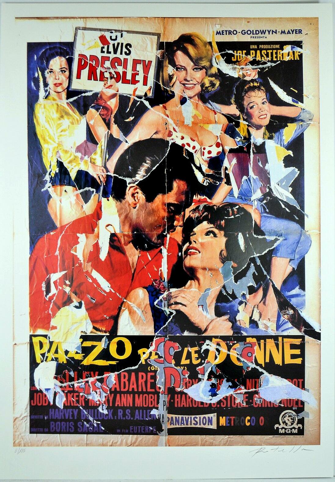 Mimmo Rotella Decollage firmato a mano - Hollywood Elvis Presley Pop Art italiana