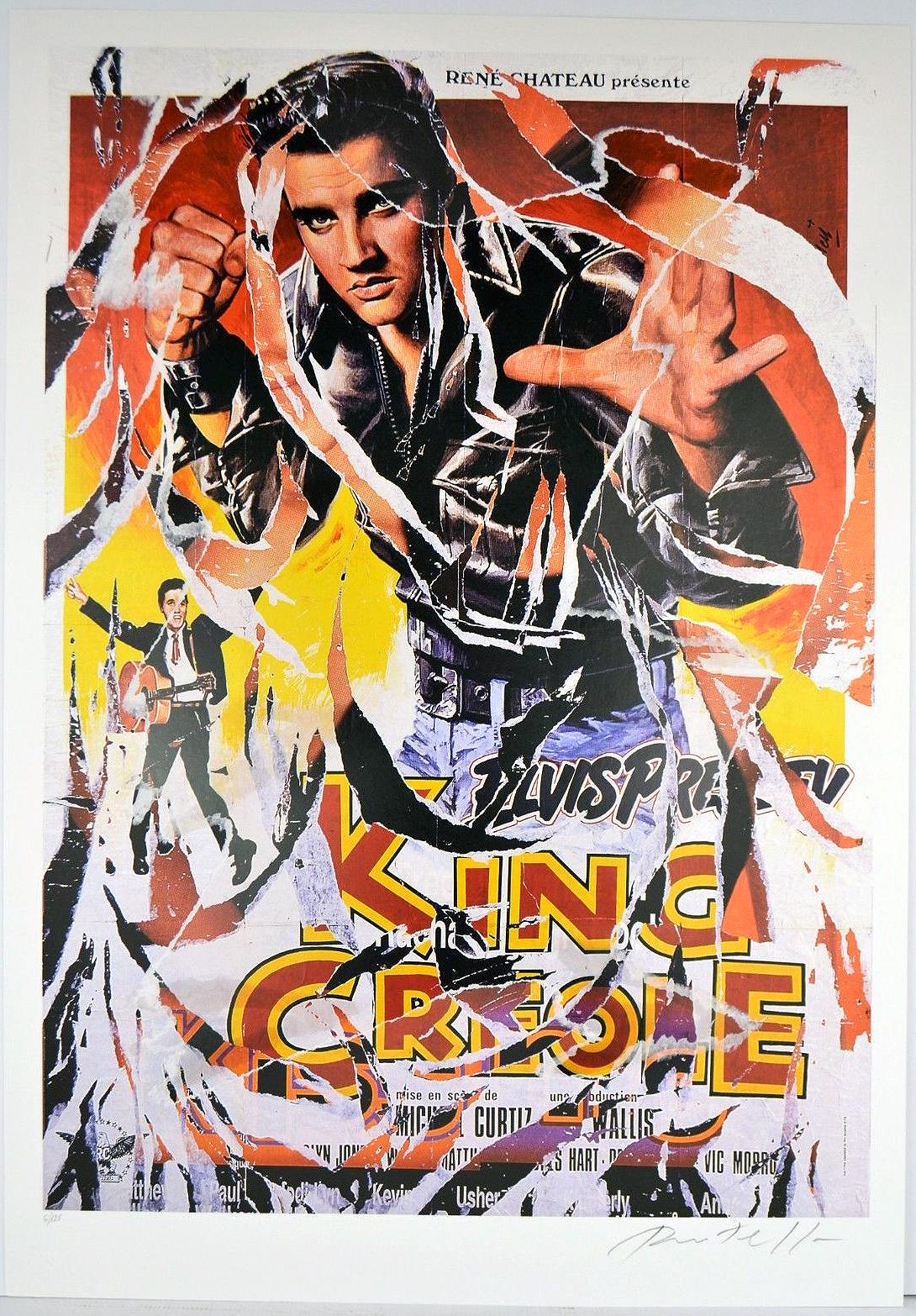 Mimmo Rotella Figurative Print - MIMMO ROTELLA Decollage Hand signed Hollywood Elvis Presley King Creole Pop Art