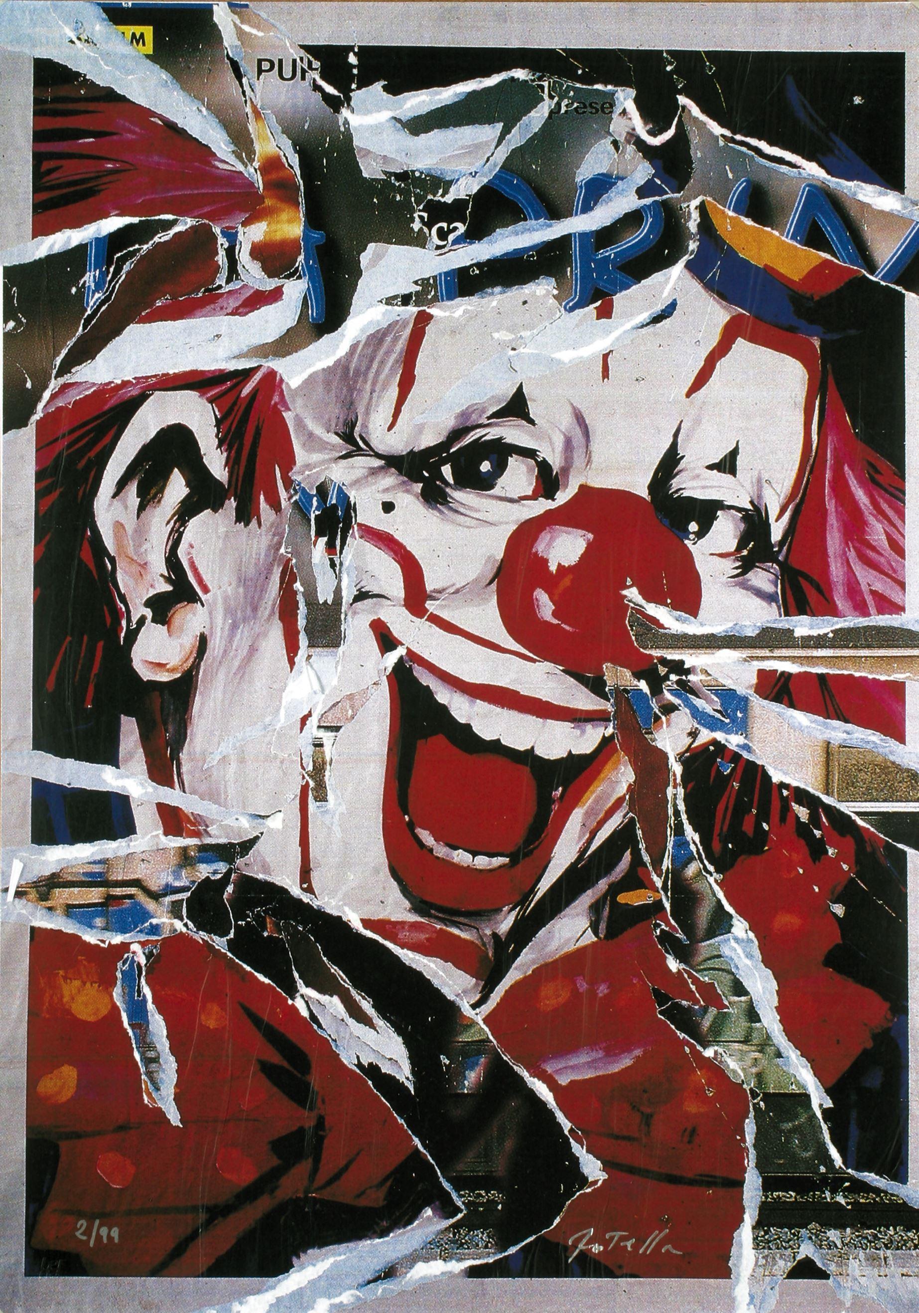 Mimmo Rotella (Italy, 1918-2006)
'Il clown ci guarda', 2003
silkscreen, decollage on cardboard
37.5 x 28 in. (95 x 71 cm.)
Edition of 99
ID: ROT1356-010-099