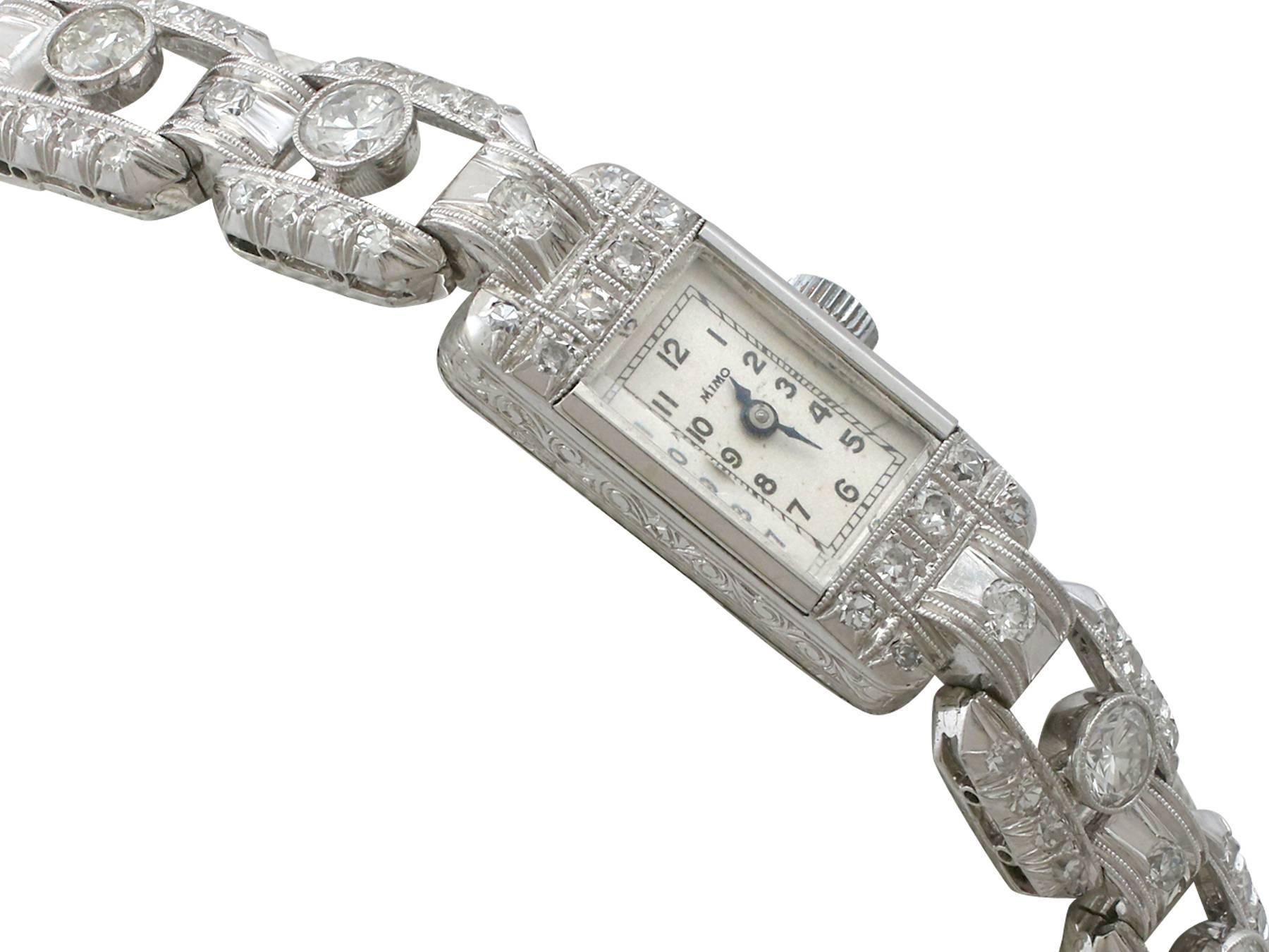 Art déco 1940s Mimo Ladies Platinum White Gold Diamond Cocktail Wristwatch