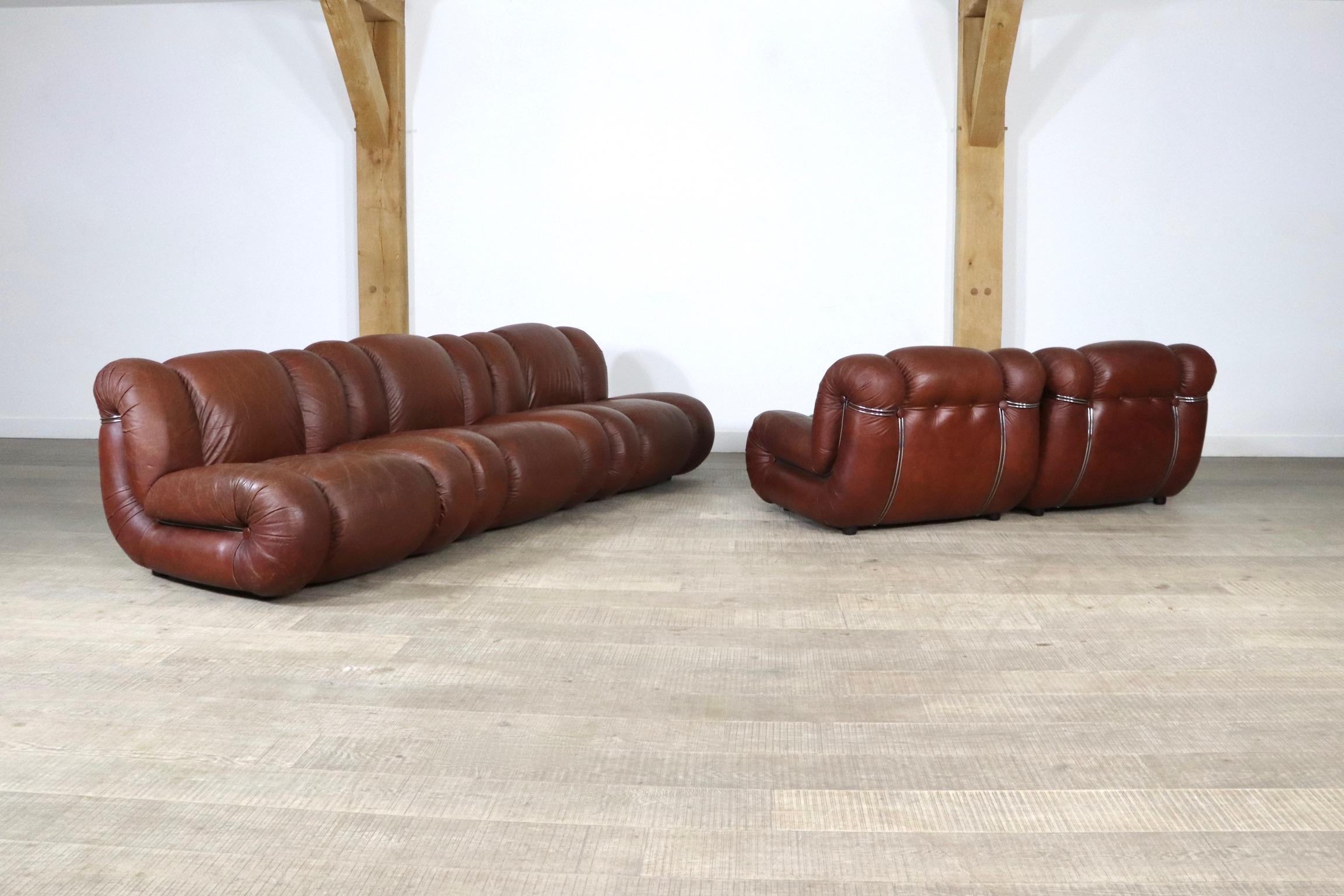 Mimo Padova Velasquez Modular Sofa in Brown Leather and Chrome, Italy, 1970s 6