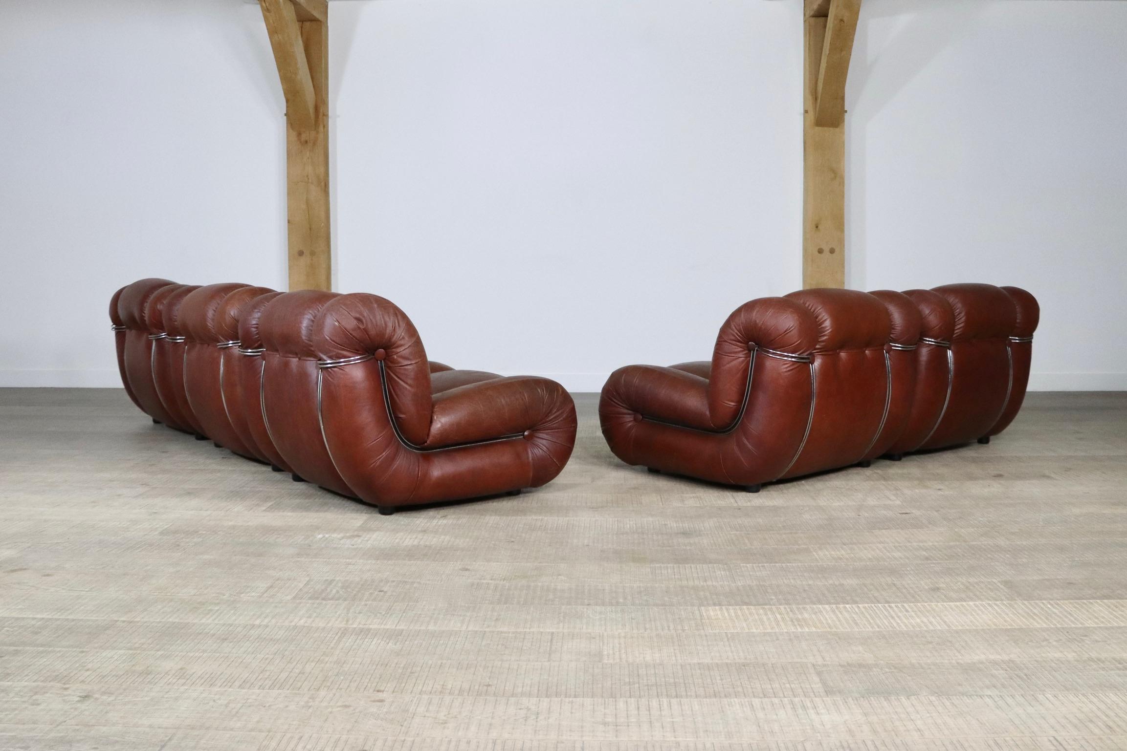 Mimo Padova Velasquez Modular Sofa in Brown Leather and Chrome, Italy, 1970s 7