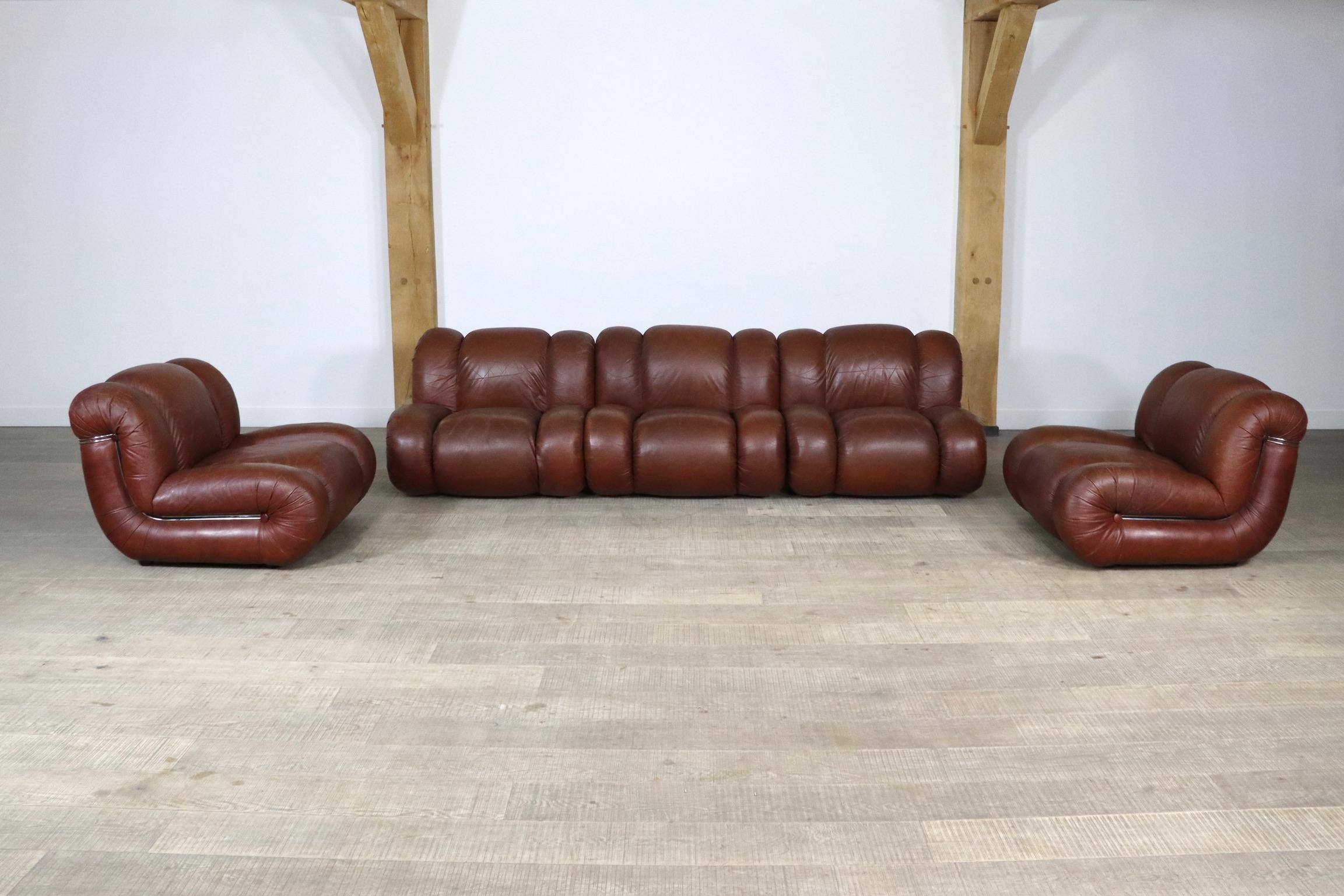 Mimo Padova Velasquez Modular Sofa in Brown Leather and Chrome, Italy, 1970s 10