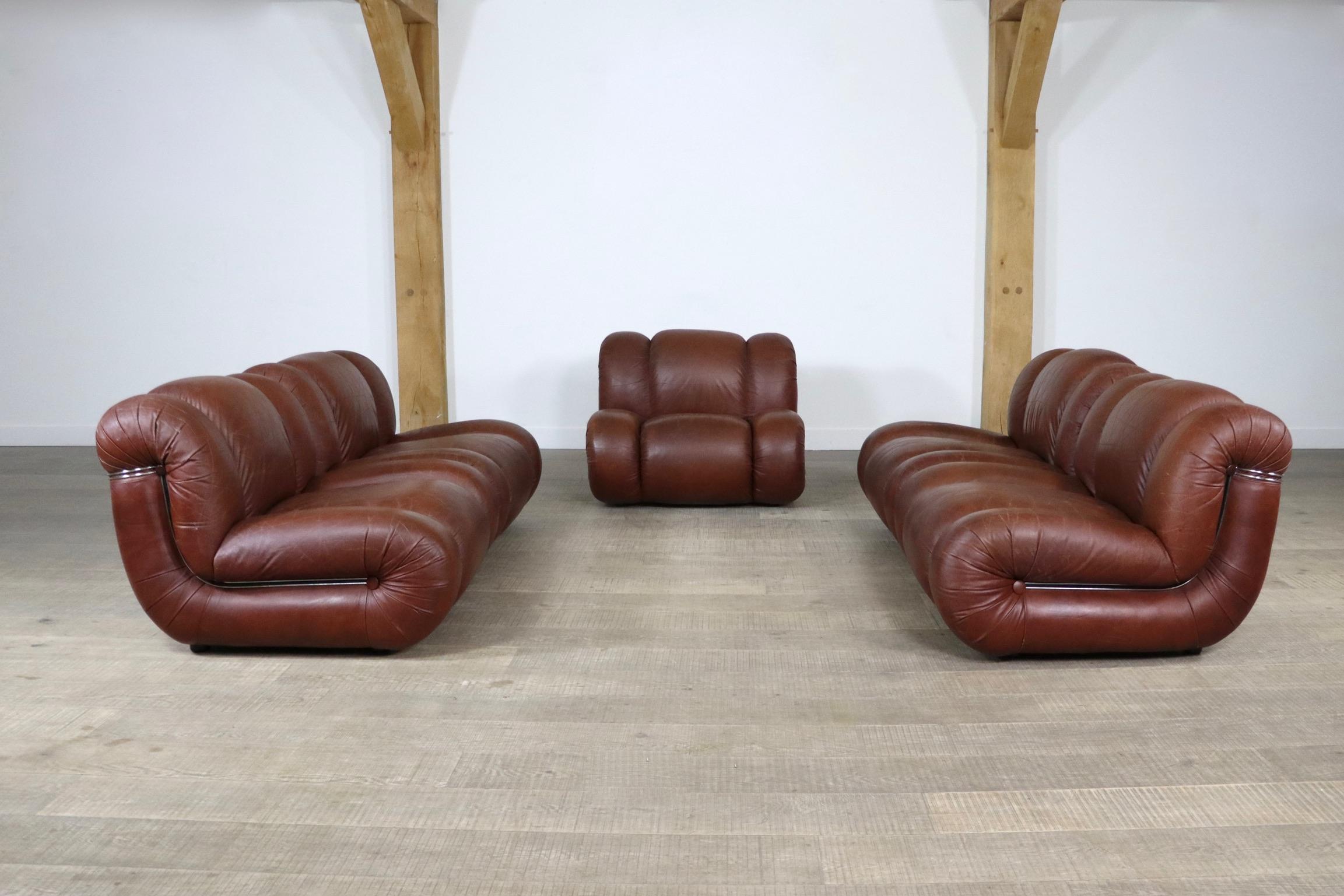 Mimo Padova Velasquez Modular Sofa in Brown Leather and Chrome, Italy, 1970s 11