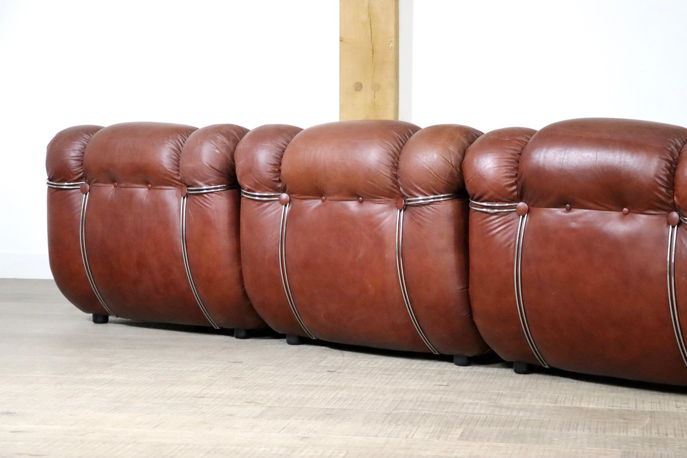 Mimo Padova Velasquez Modular Sofa in Brown Leather and Chrome, Italy, 1970s 12
