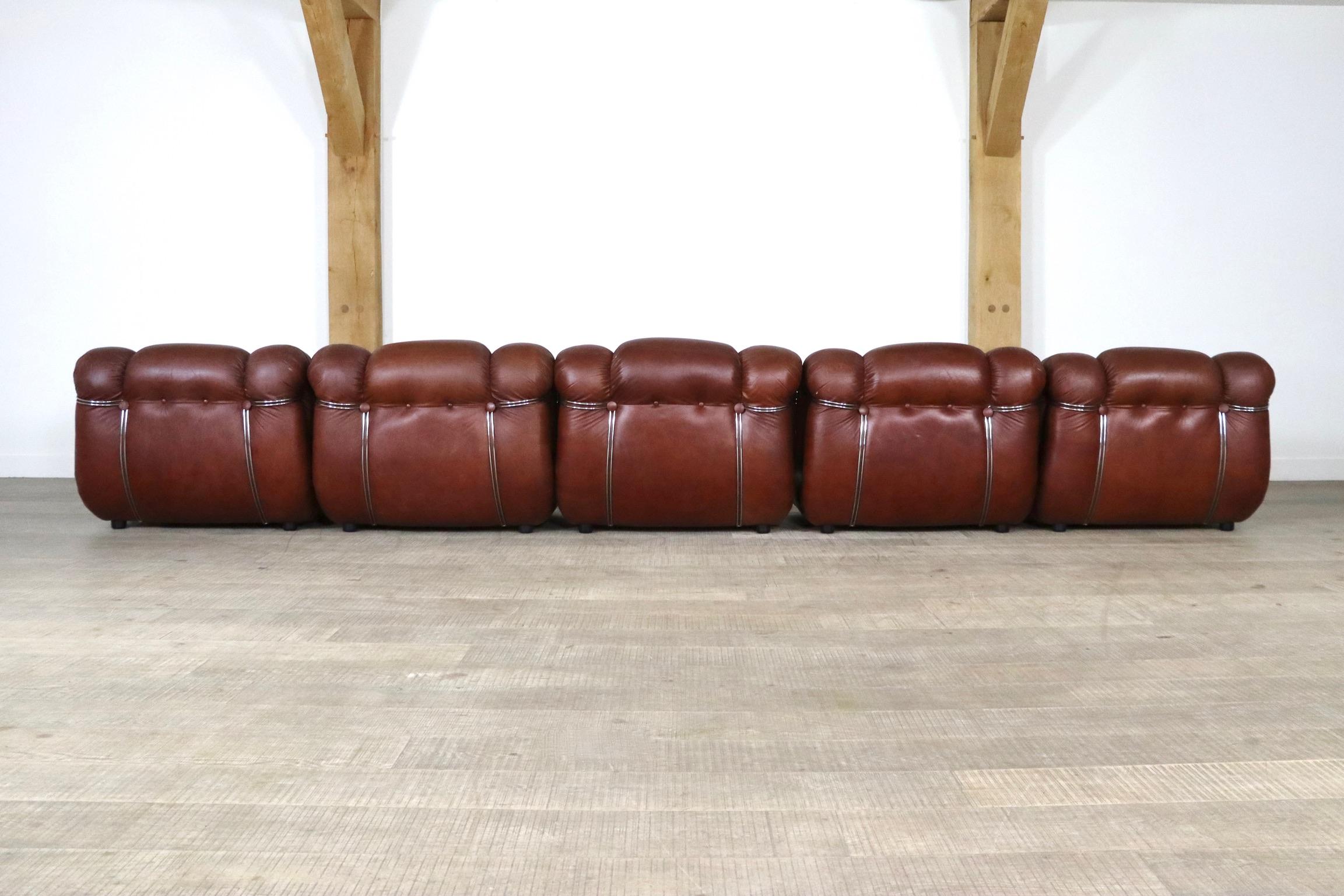Mimo Padova Velasquez Modular Sofa in Brown Leather and Chrome, Italy, 1970s 13