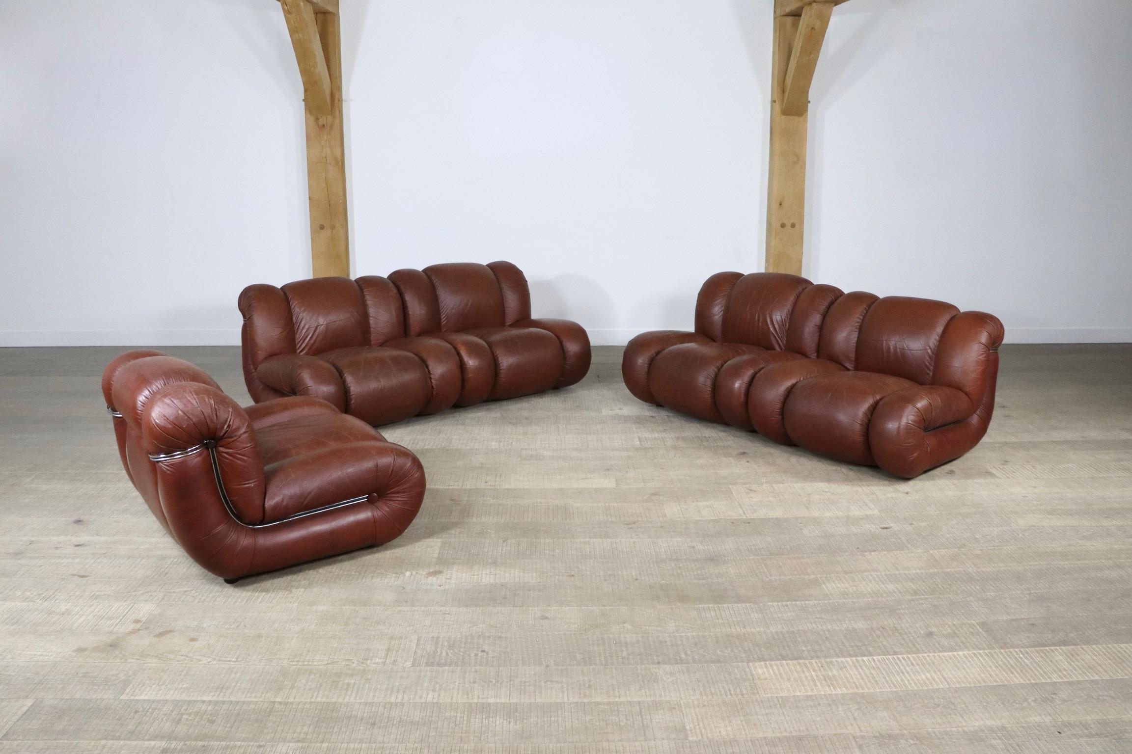 Mimo Padova Velasquez Modular Sofa in Brown Leather and Chrome, Italy, 1970s In Good Condition In ABCOUDE, UT