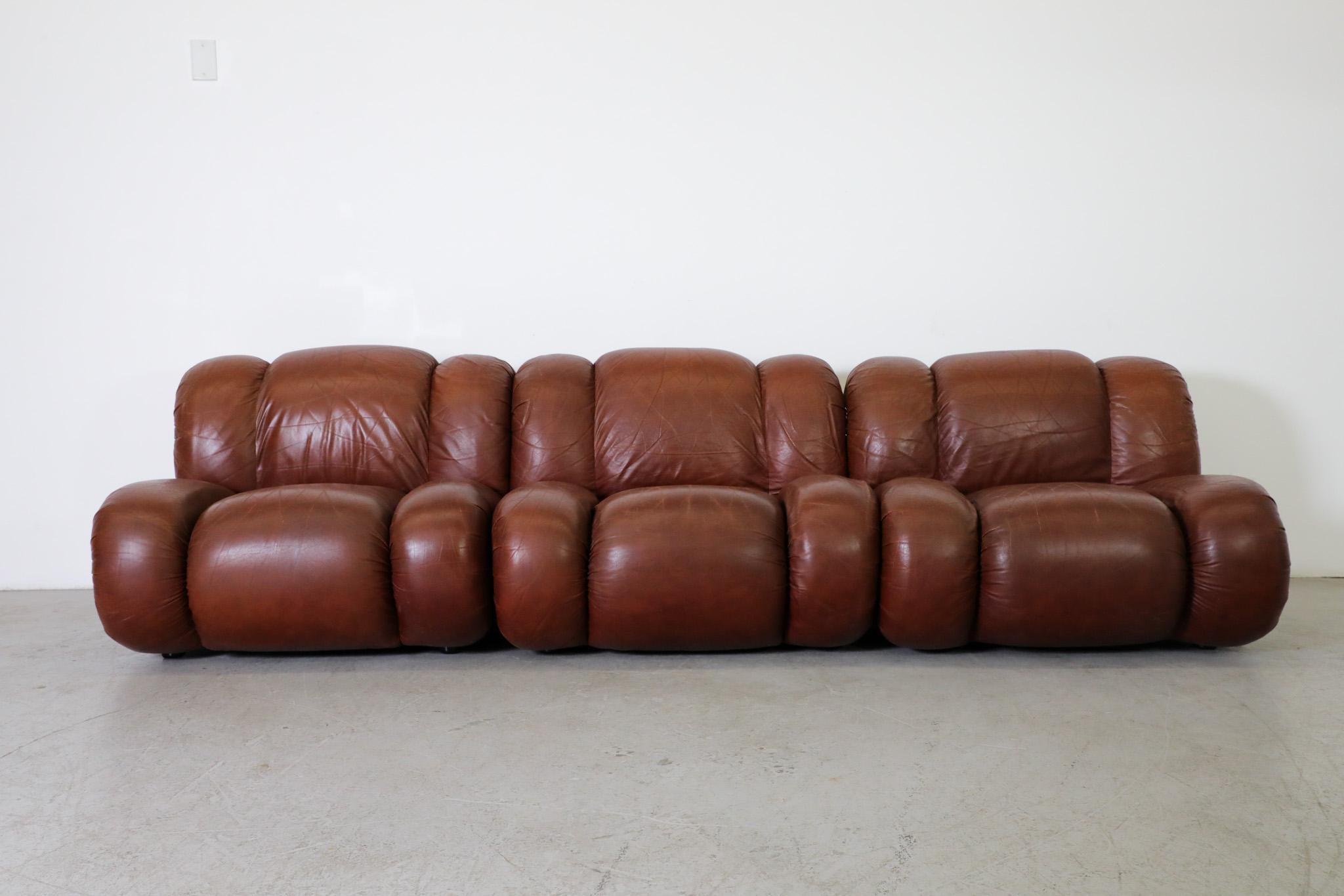 Mid-Century Modern Mimo Padova Velasquez Modular Sofa In Brown Leather And Chrome, Italy 1970s For Sale