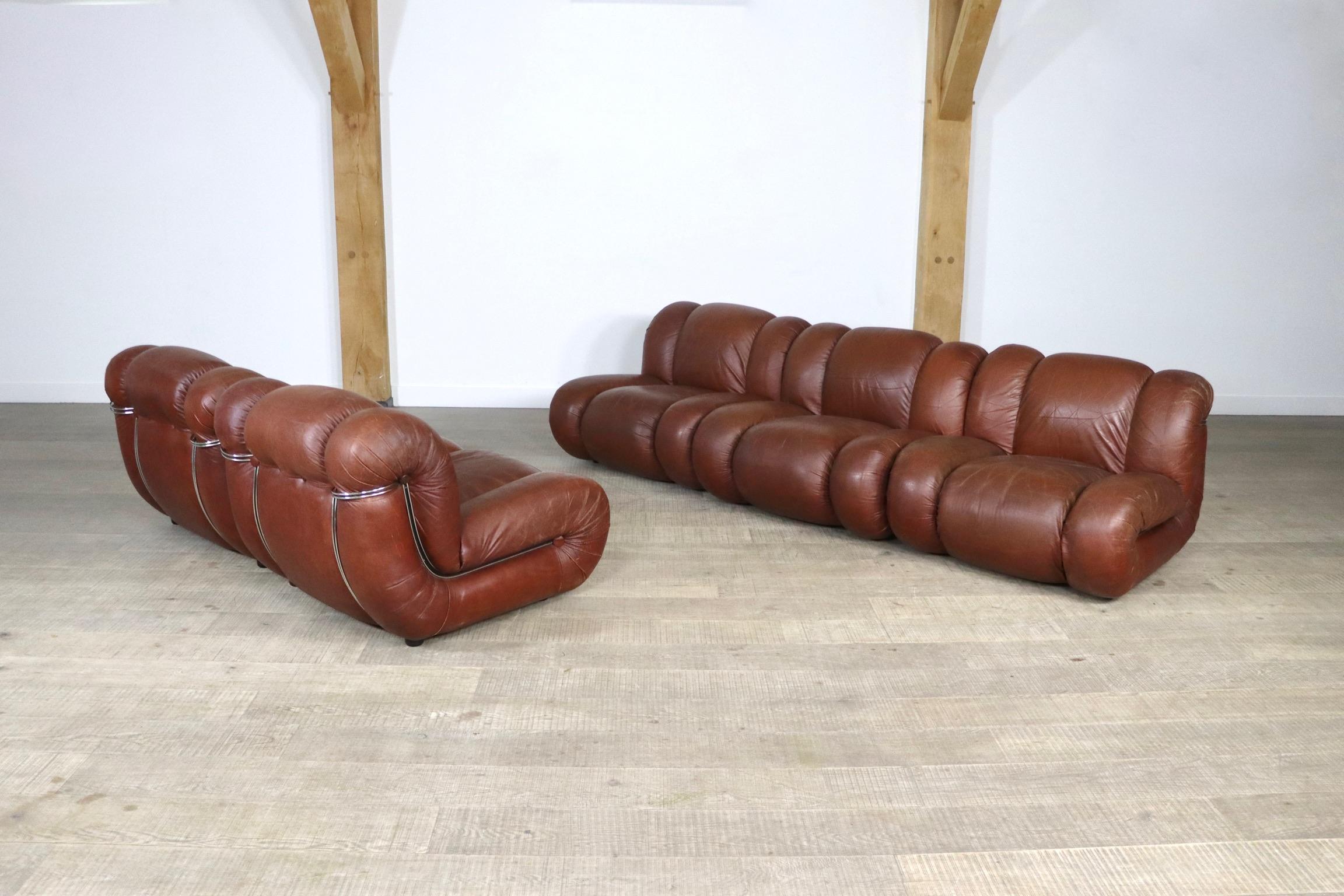 Late 20th Century Mimo Padova Velasquez Modular Sofa in Brown Leather and Chrome, Italy, 1970s