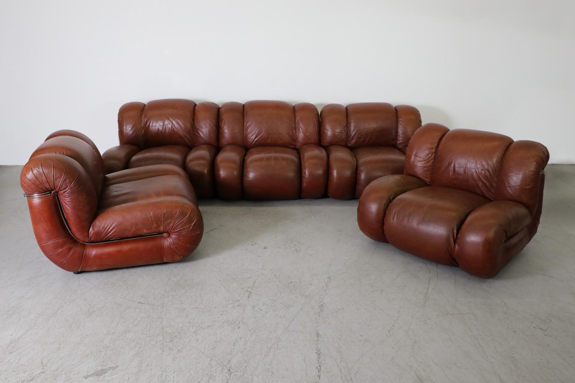 Italian Mimo Padova Velasquez Modular Sofa In Brown Leather And Chrome, Italy 1970s For Sale