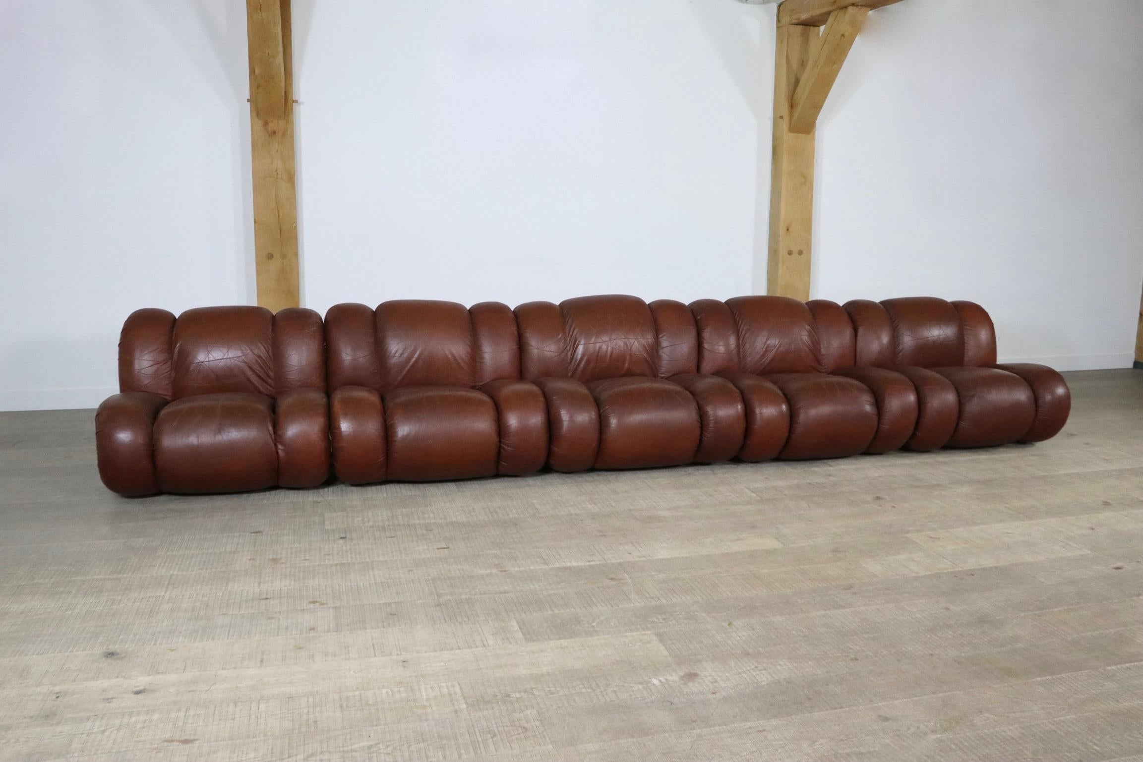 Mimo Padova Velasquez Modular Sofa in Brown Leather and Chrome, Italy, 1970s 1