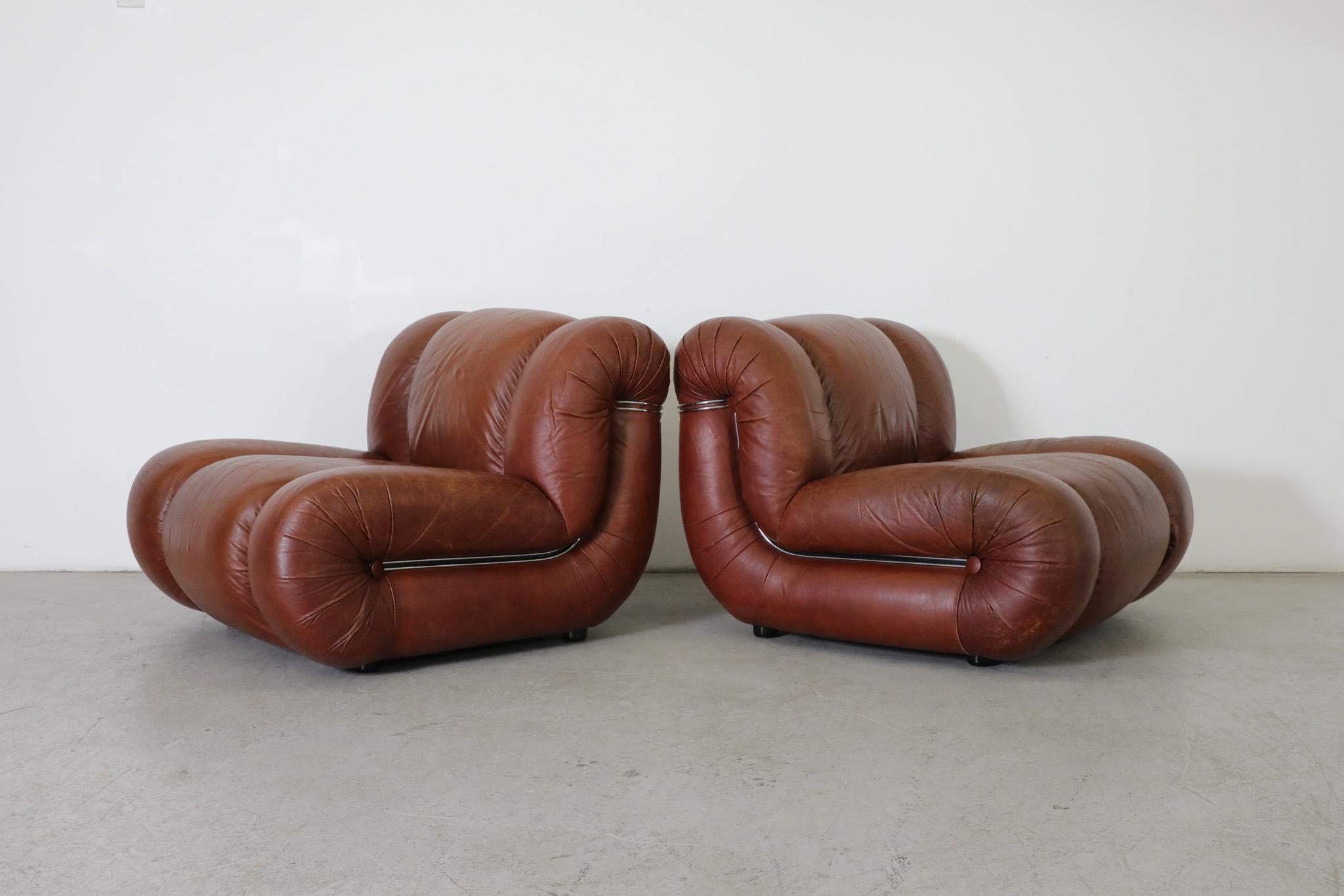 Mimo Padova Velasquez Modular Sofa In Brown Leather And Chrome, Italy 1970s In Good Condition For Sale In Los Angeles, CA