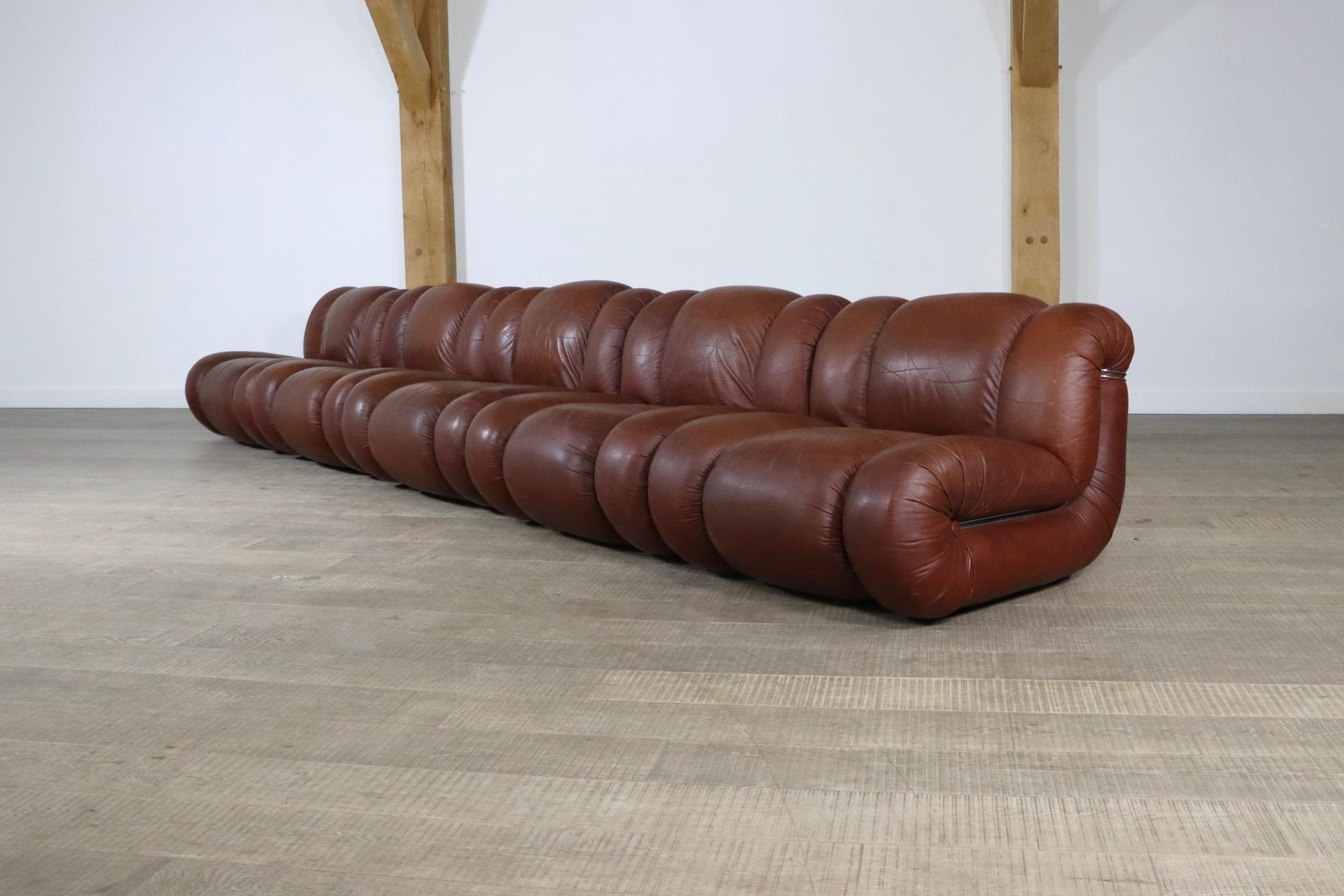 Mimo Padova Velasquez Modular Sofa in Brown Leather and Chrome, Italy, 1970s 2