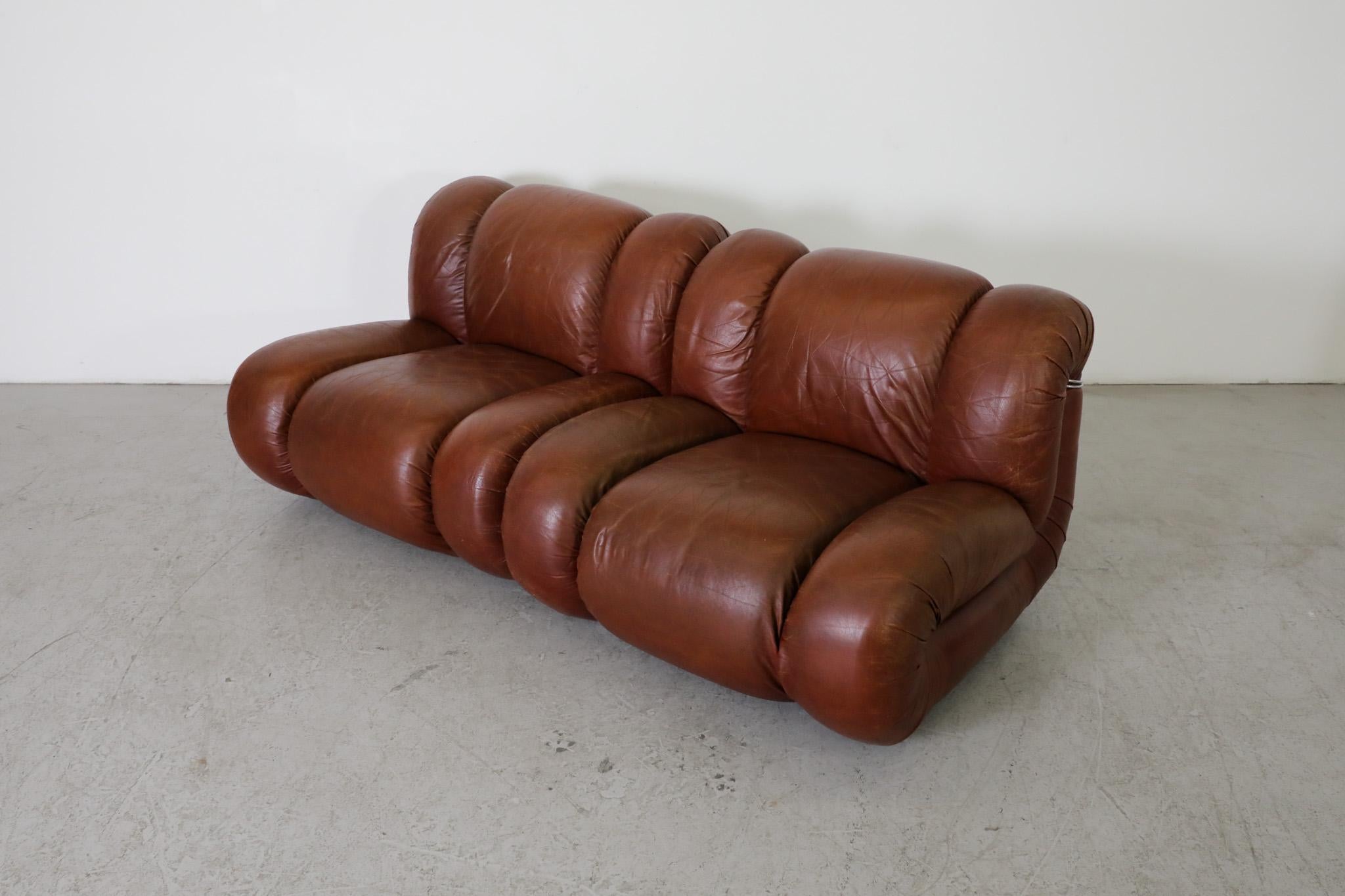 Late 20th Century Mimo Padova Velasquez Modular Sofa In Brown Leather And Chrome, Italy 1970s For Sale