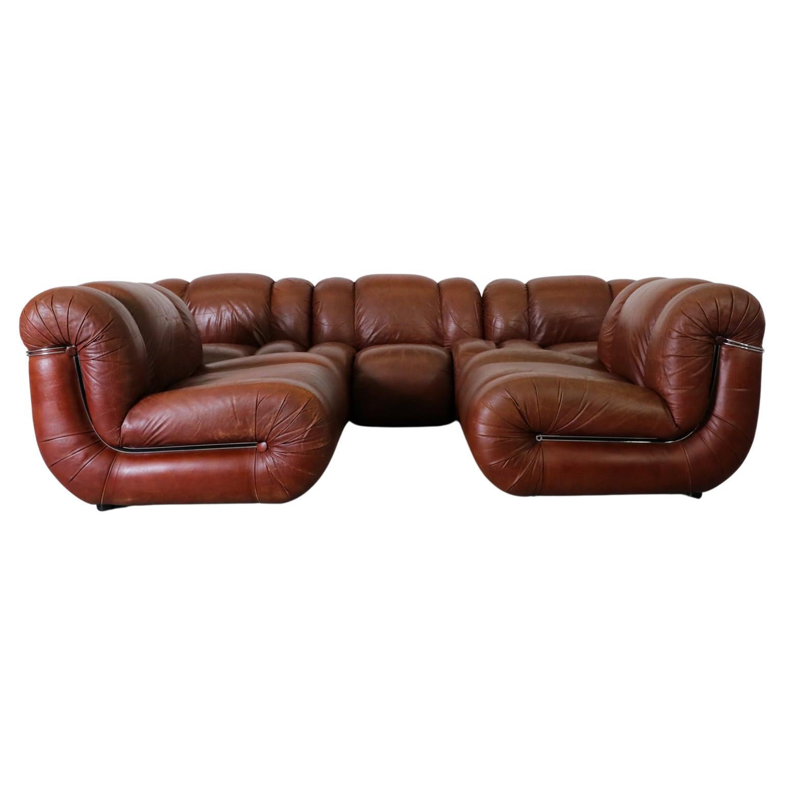 Mimo Padova Velasquez Modular Sofa In Brown Leather And Chrome, Italy 1970s For Sale
