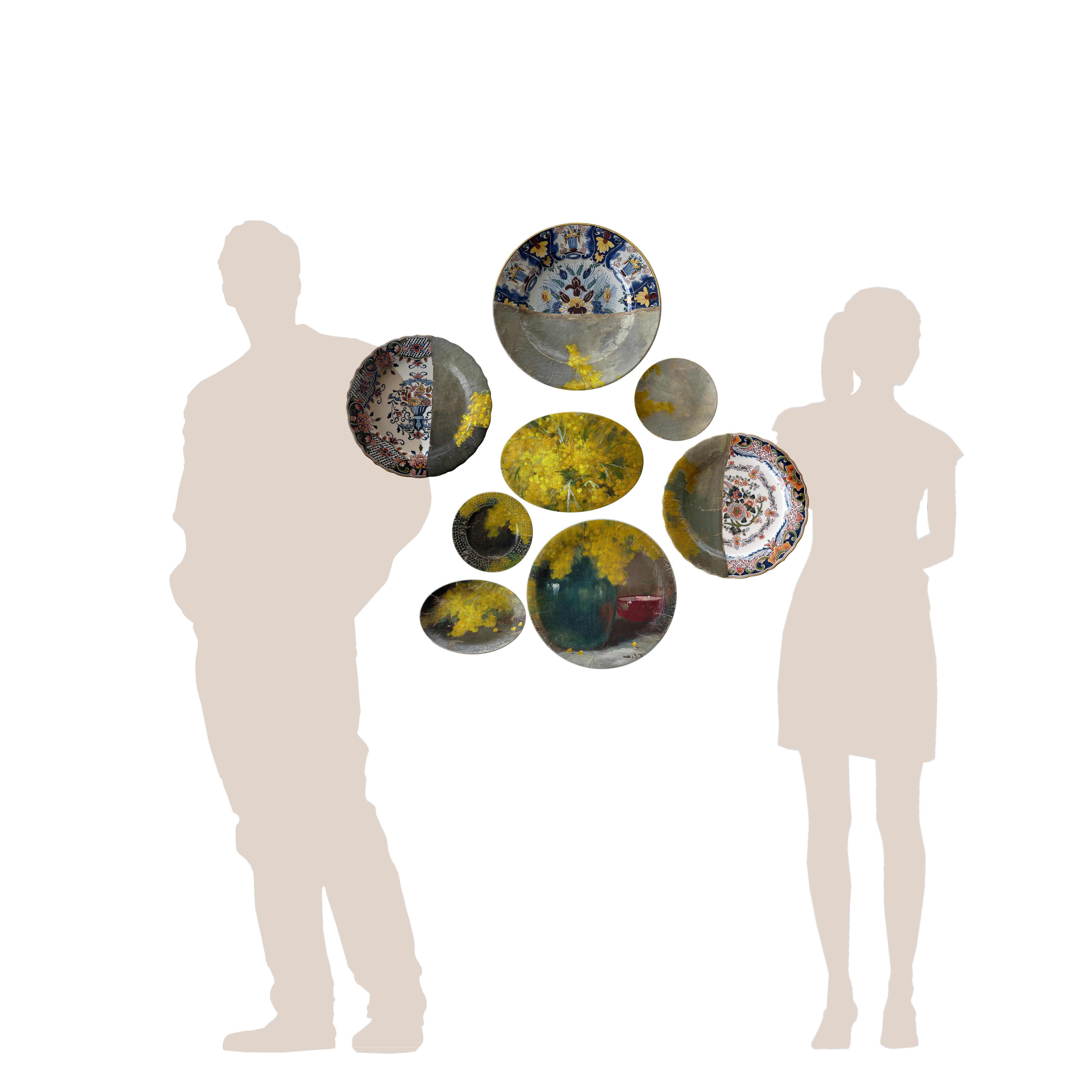 Wall Art Installation: Ceramic Plates/Oil on Canvas - 