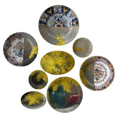 Wall Art Installation: Ceramic Plates/Oil on Canvas - "Mimosas in Green Vase"