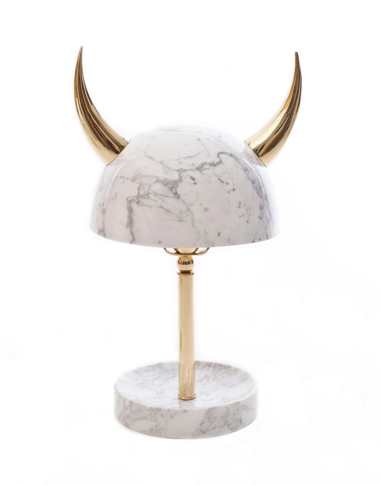 Min Lilla Viking Carrara Marble Table Lamp with Polished Brass Horns For  Sale at 1stDibs