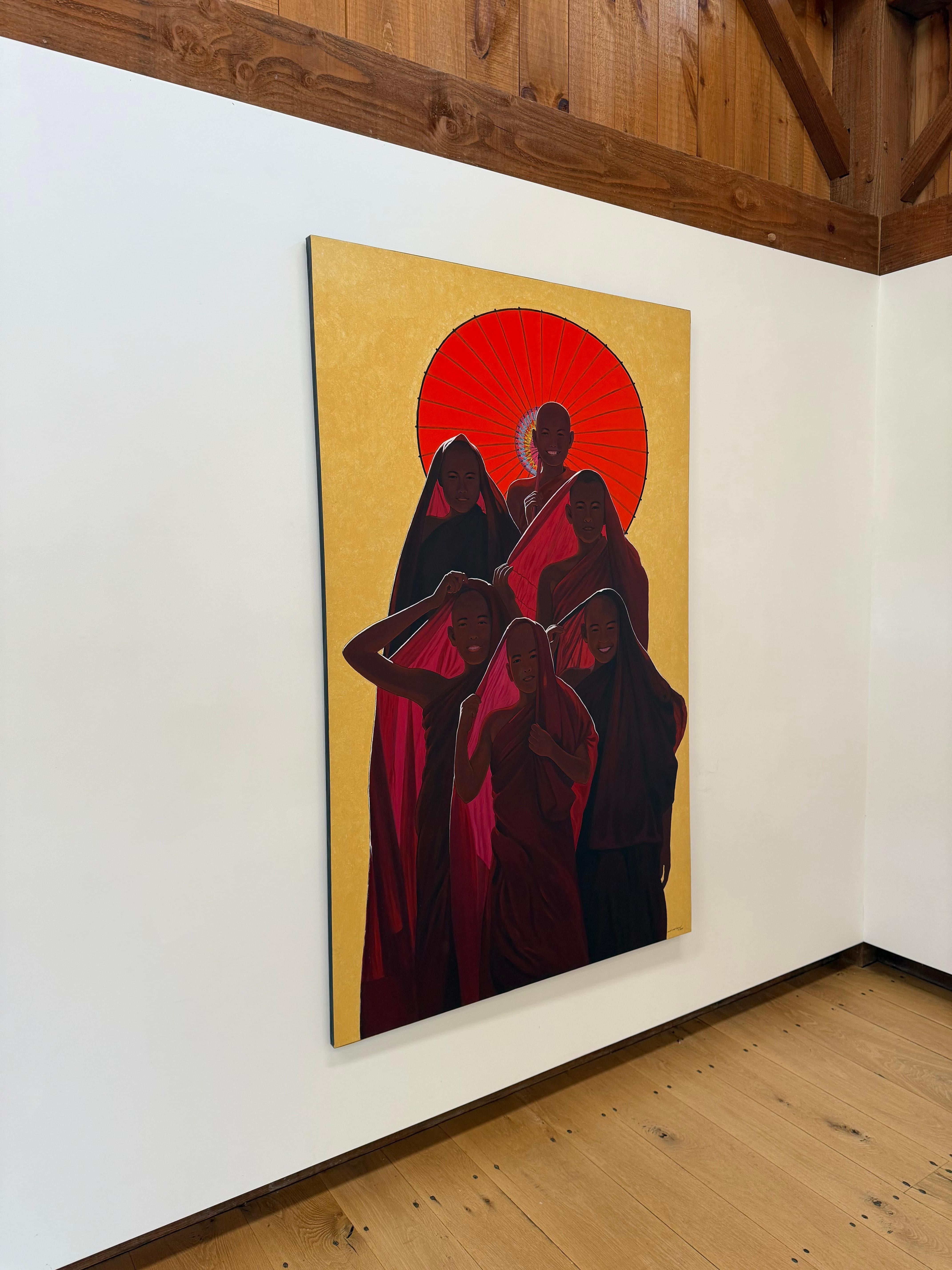 Novices - Contemporary Robed Buddhist Monk Smiling Figures Red Parasol Yellow im Angebot 6