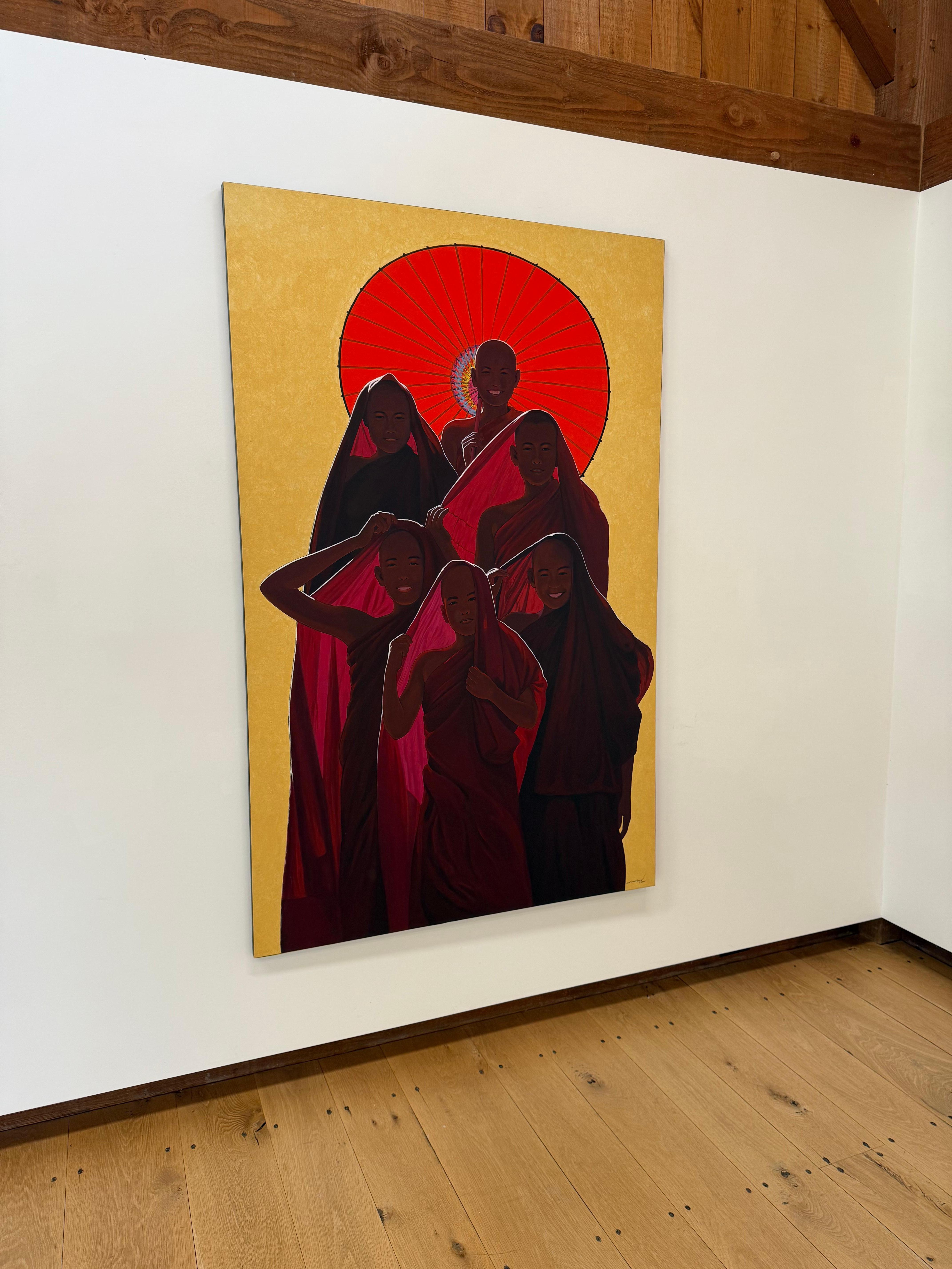 Novices - Contemporary Robed Buddhist Monk Smiling Figures Red Parasol Yellow im Angebot 9