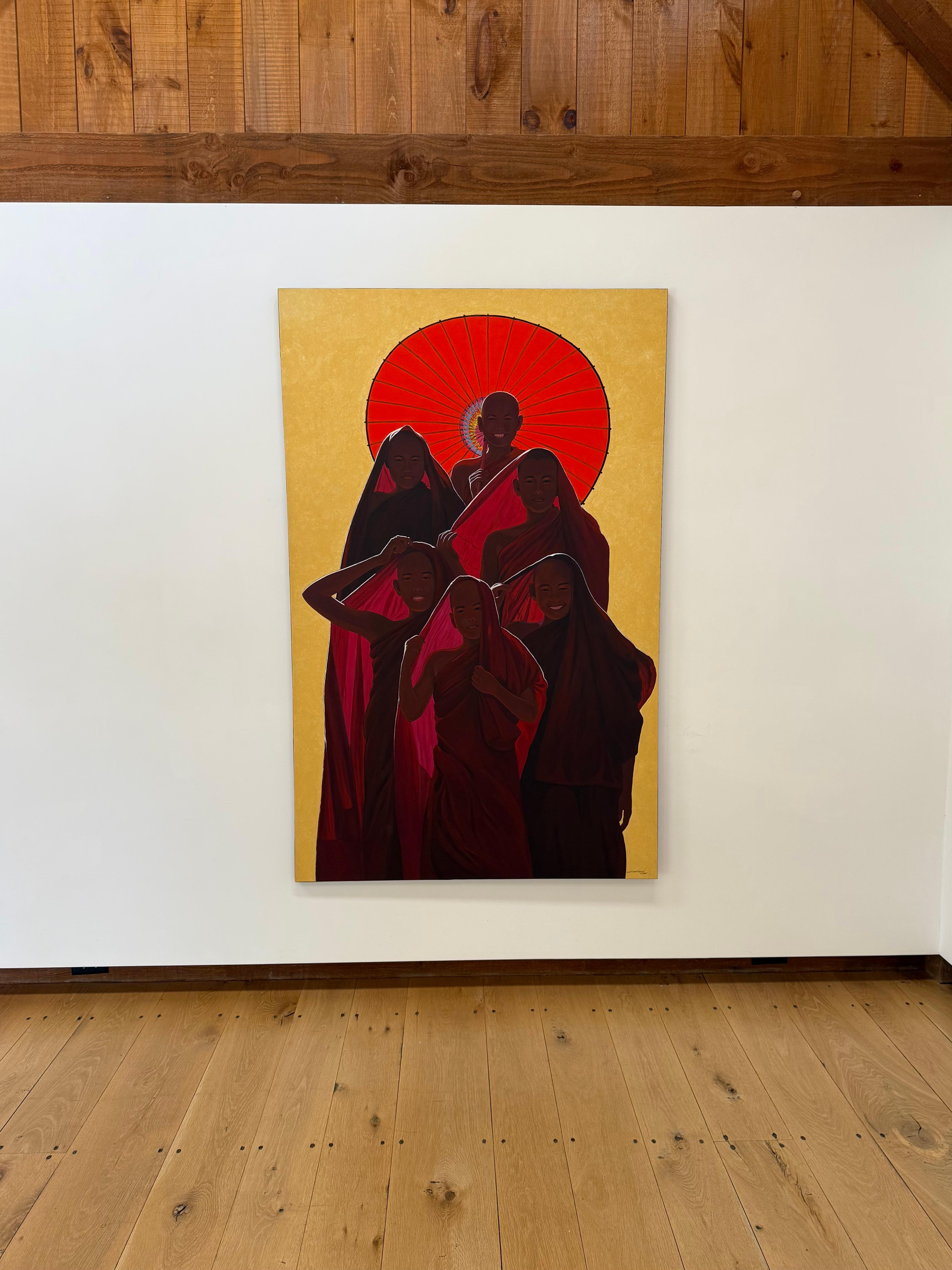 Novices - Contemporary Robed Buddhist Monk Smiling Figures Red Parasol Yellow – Painting von Min Wae Aung
