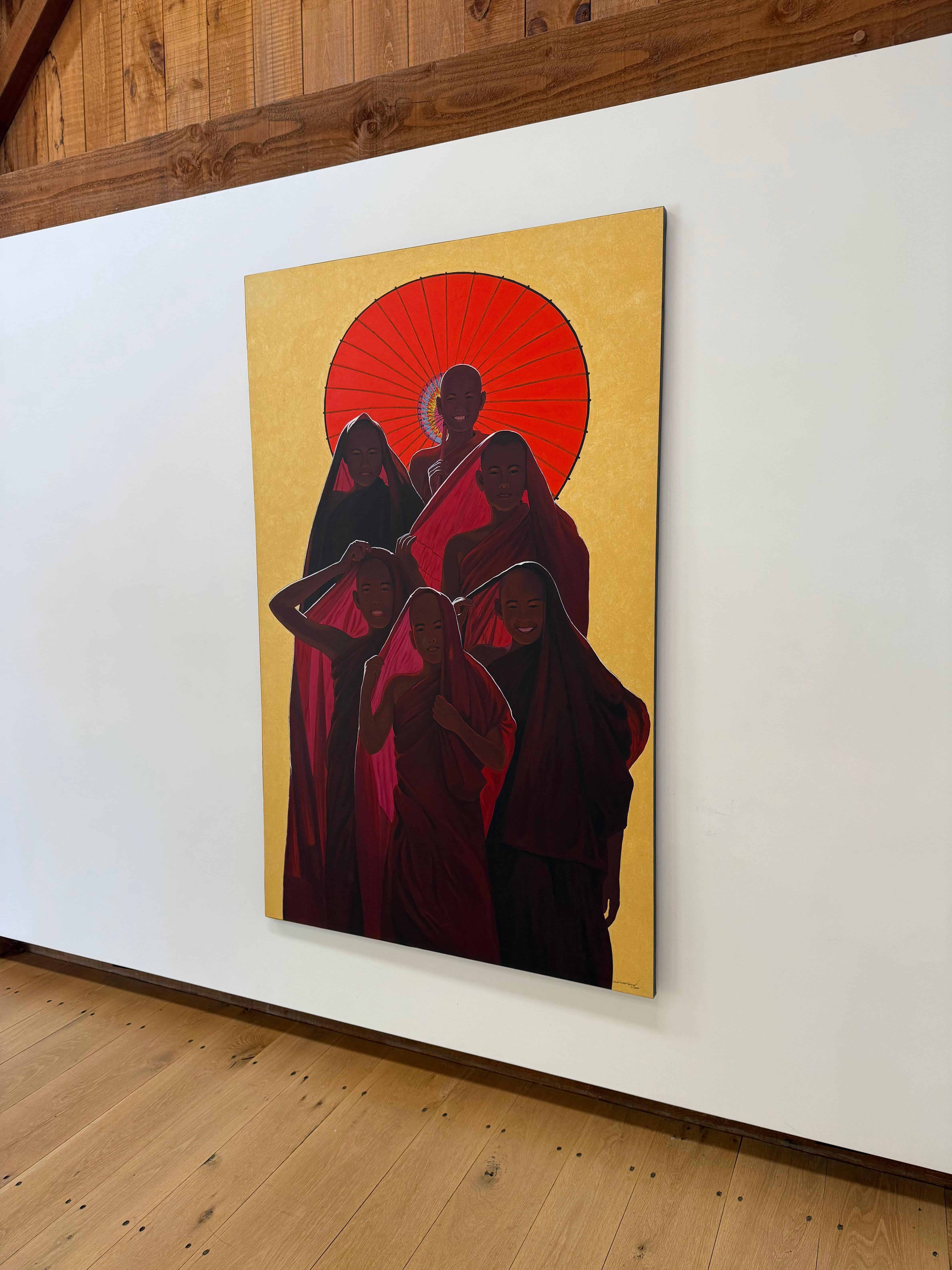 Novices - Contemporary Robed Buddhist Monk Smiling Figures Red Parasol Yellow (Zeitgenössisch), Painting, von Min Wae Aung
