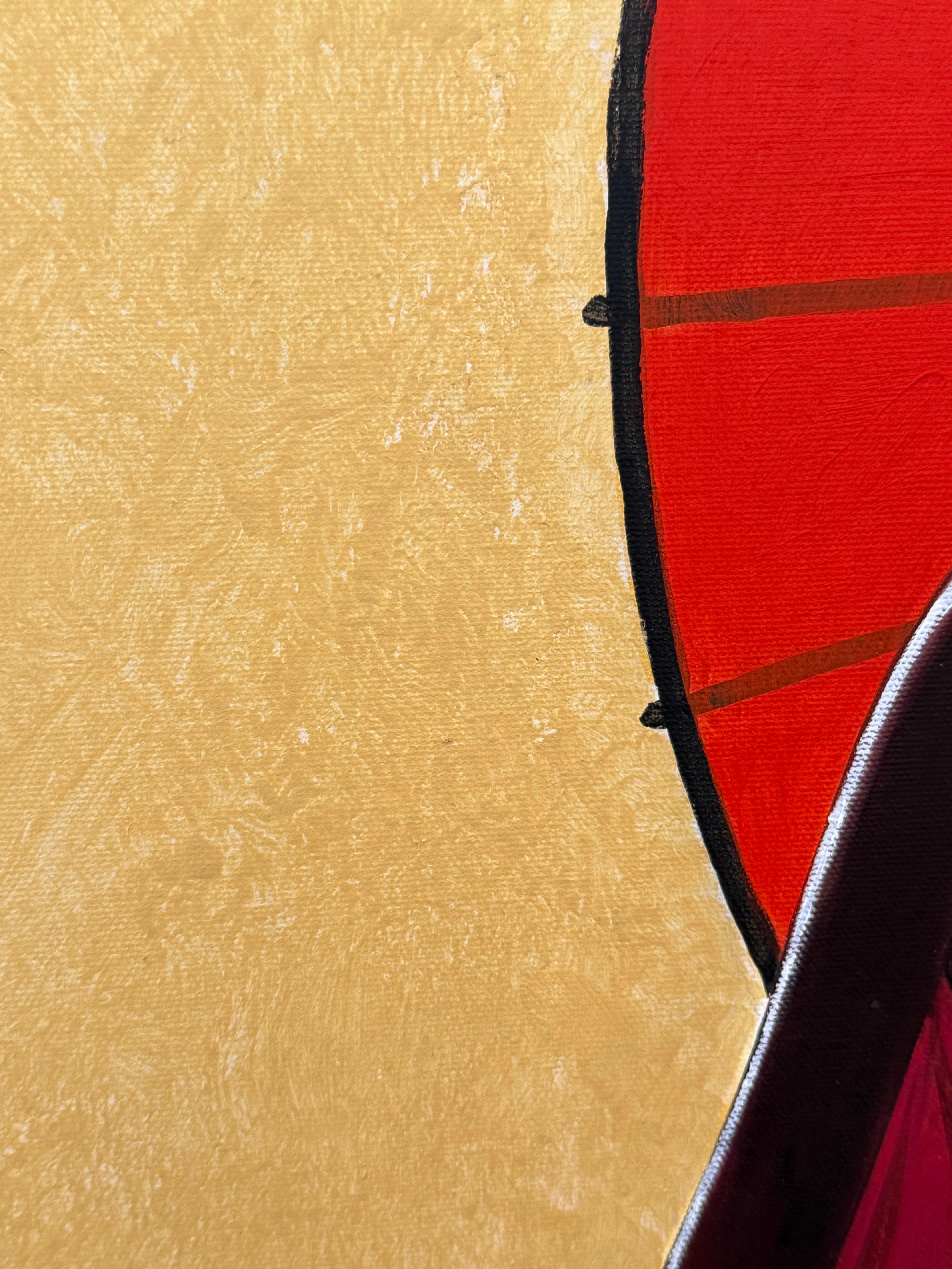 Novices - Contemporary Robed Buddhist Monk Smiling Figures Red Parasol Yellow (Braun), Figurative Painting, von Min Wae Aung