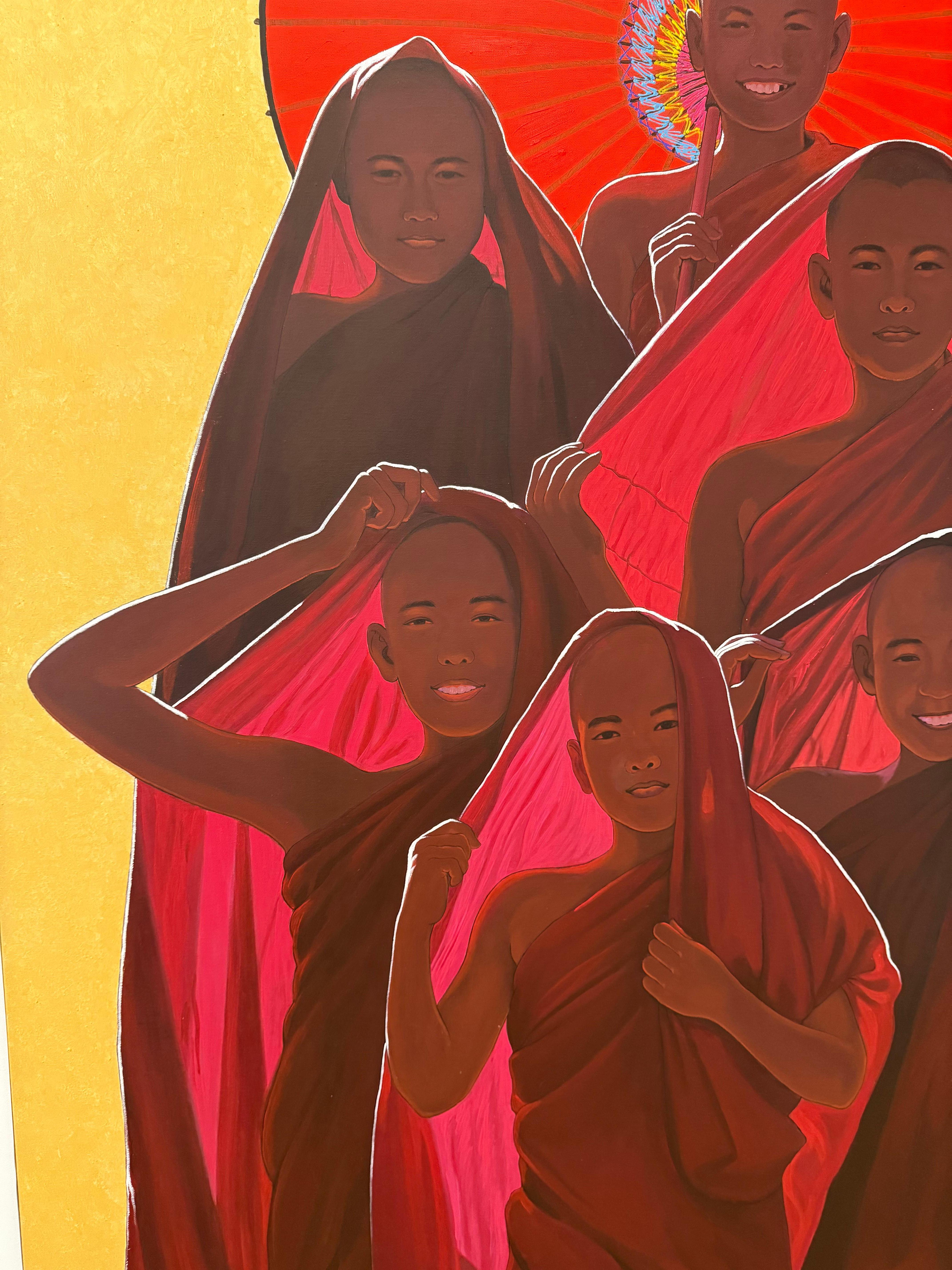 Das beeindruckende großformatige Gemälde Novices des renommierten birmanischen Künstlers Min Wae Aung fängt einen zeitlosen Moment der spirituellen Anmut und des kulturellen Erbes ein. Die in Acryl auf Leinwand ausgeführte Komposition zeigt eine