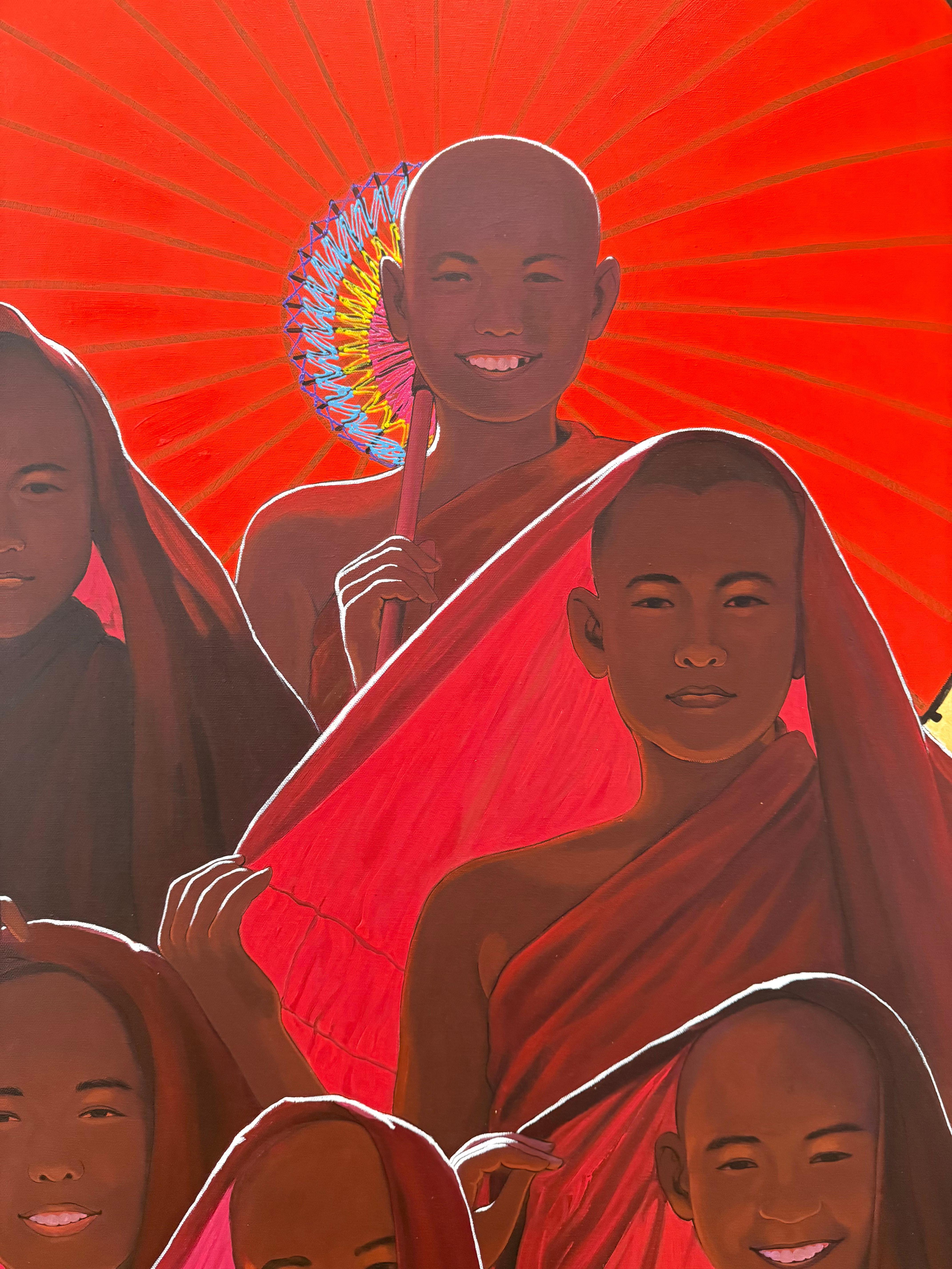 Novices - Contemporary Robed Buddhist Monk Smiling Figures Red Parasol Yellow im Angebot 2