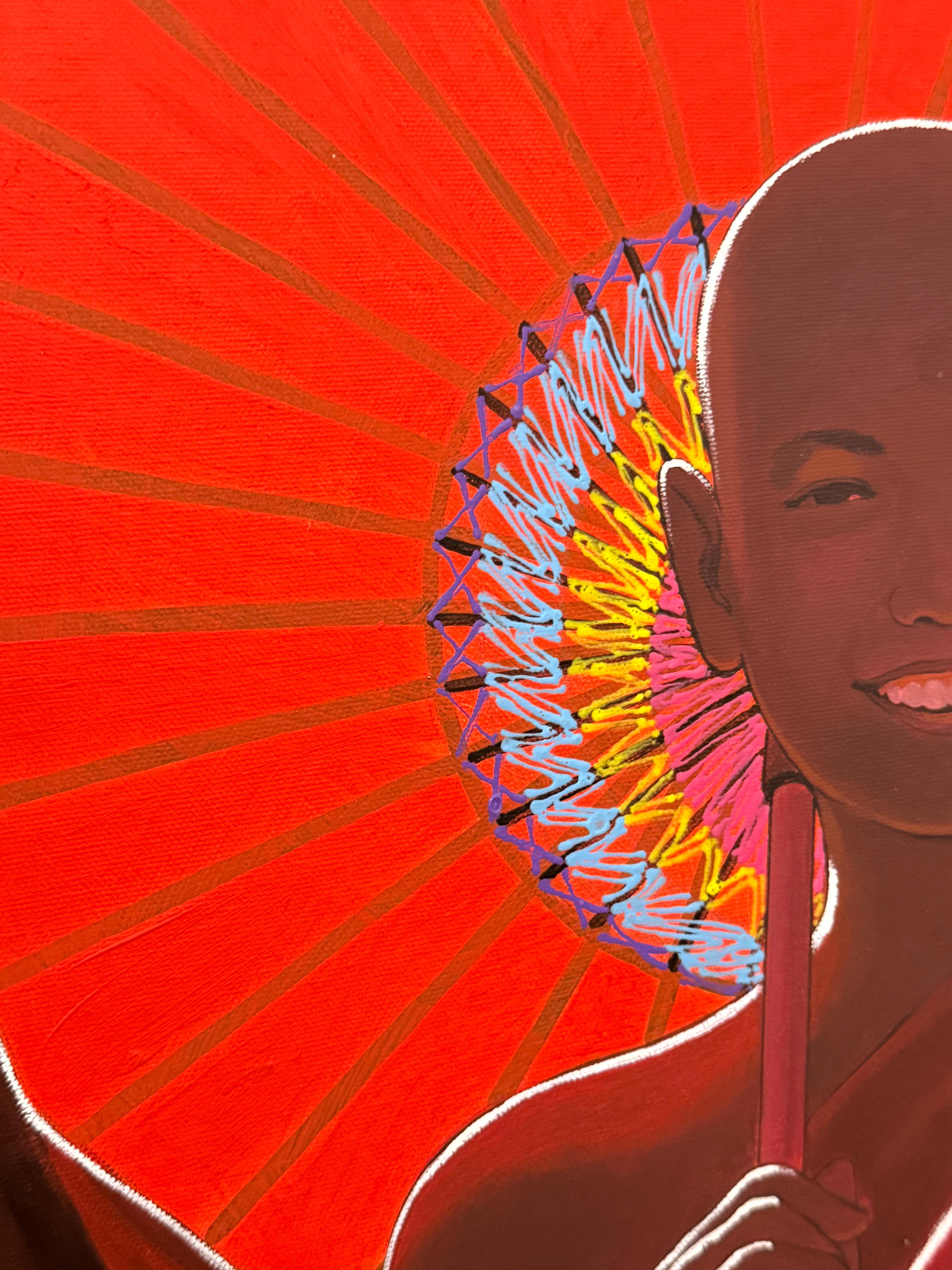 Novices - Contemporary Robed Buddhist Monk Smiling Figures Red Parasol Yellow im Angebot 3