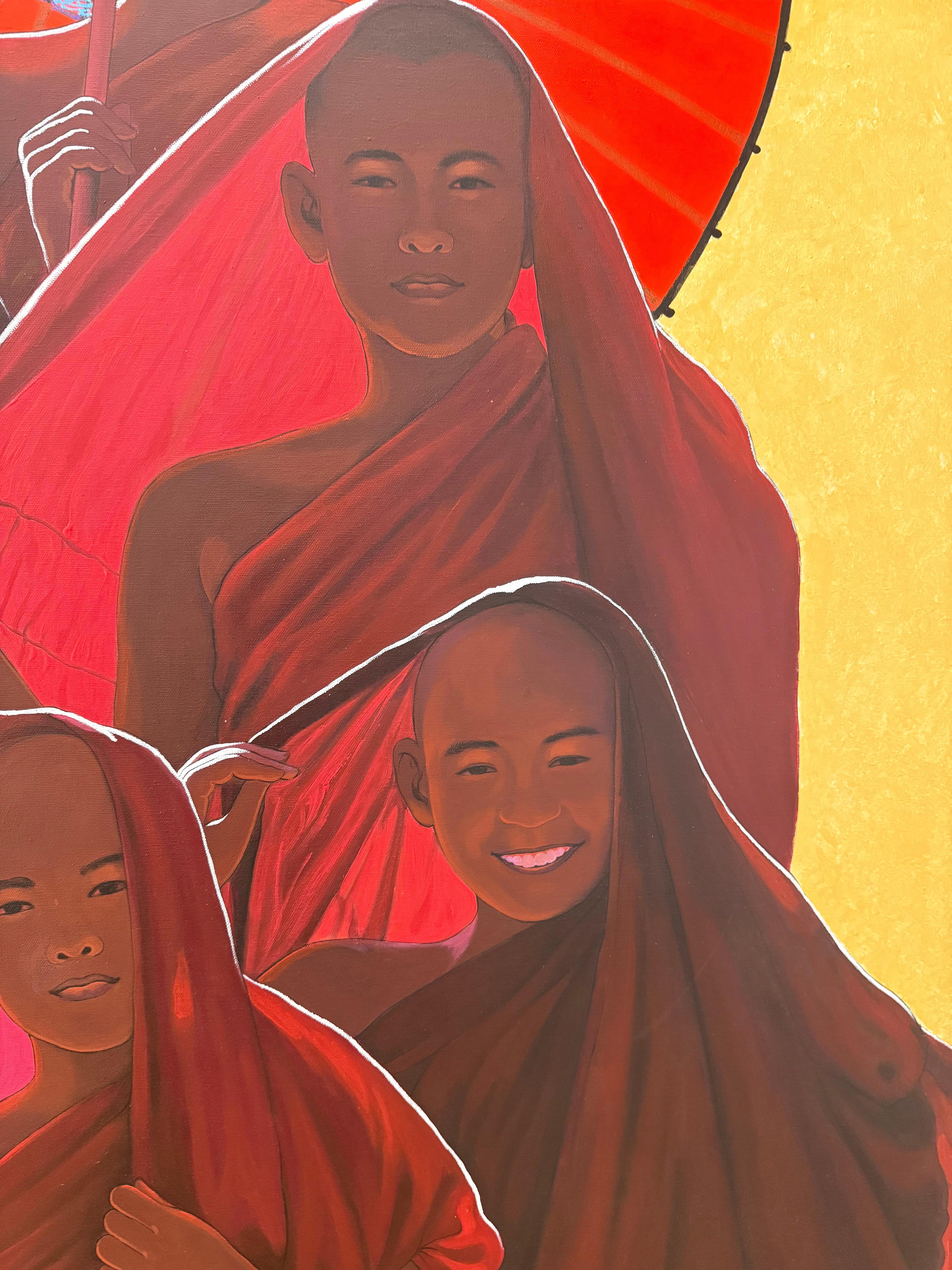 Novices - Contemporary Robed Buddhist Monk Smiling Figures Red Parasol Yellow im Angebot 4