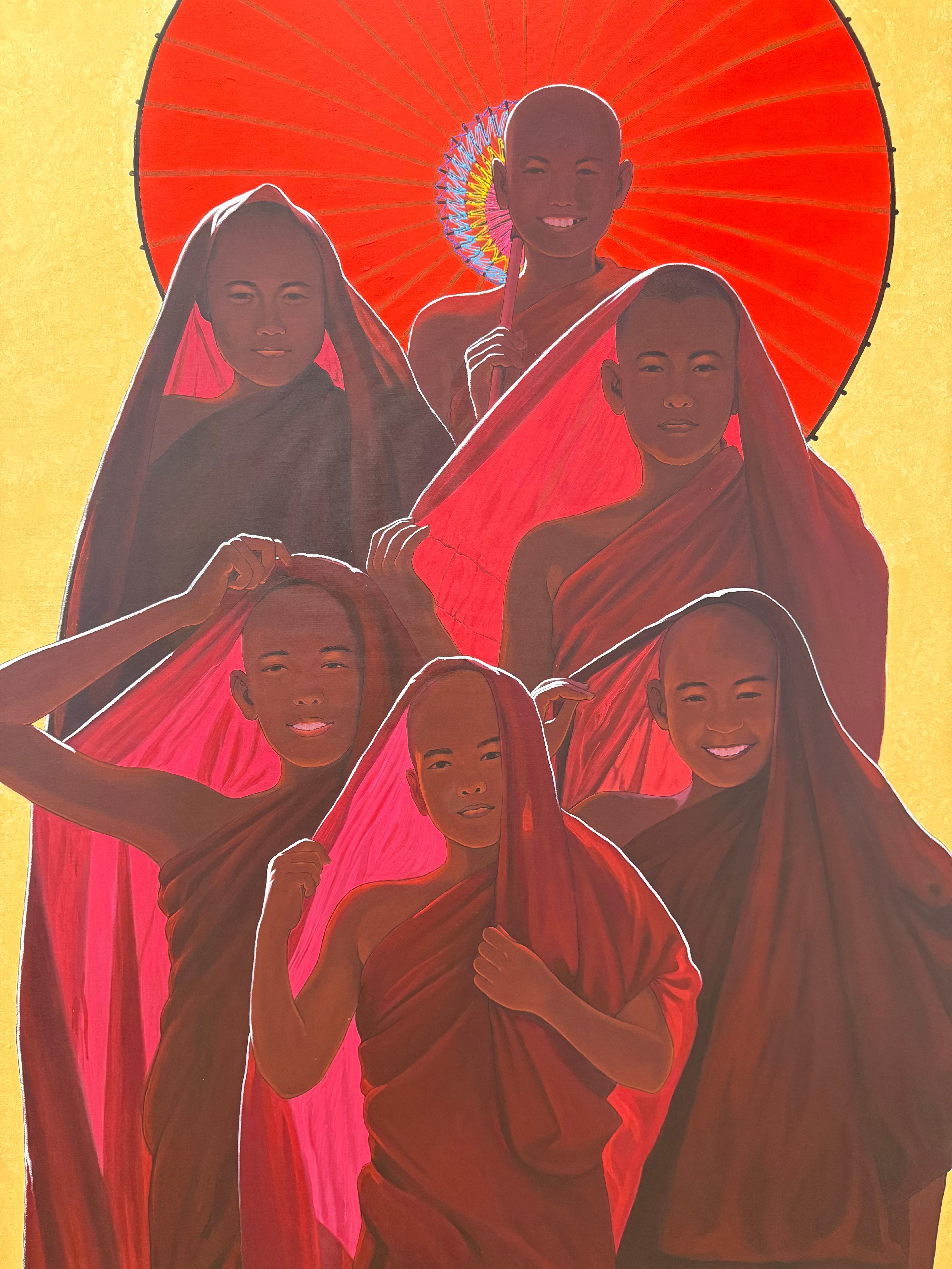 Min Wae Aung Figurative Painting – Novices - Contemporary Robed Buddhist Monk Smiling Figures Red Parasol Yellow