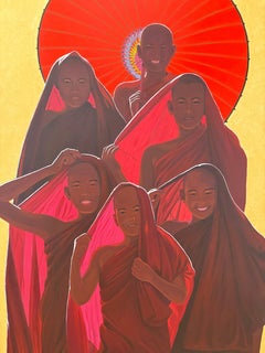 Novices - Contemporary Robed Buddhist Monk Smiling Figures Red Parasol Yellow